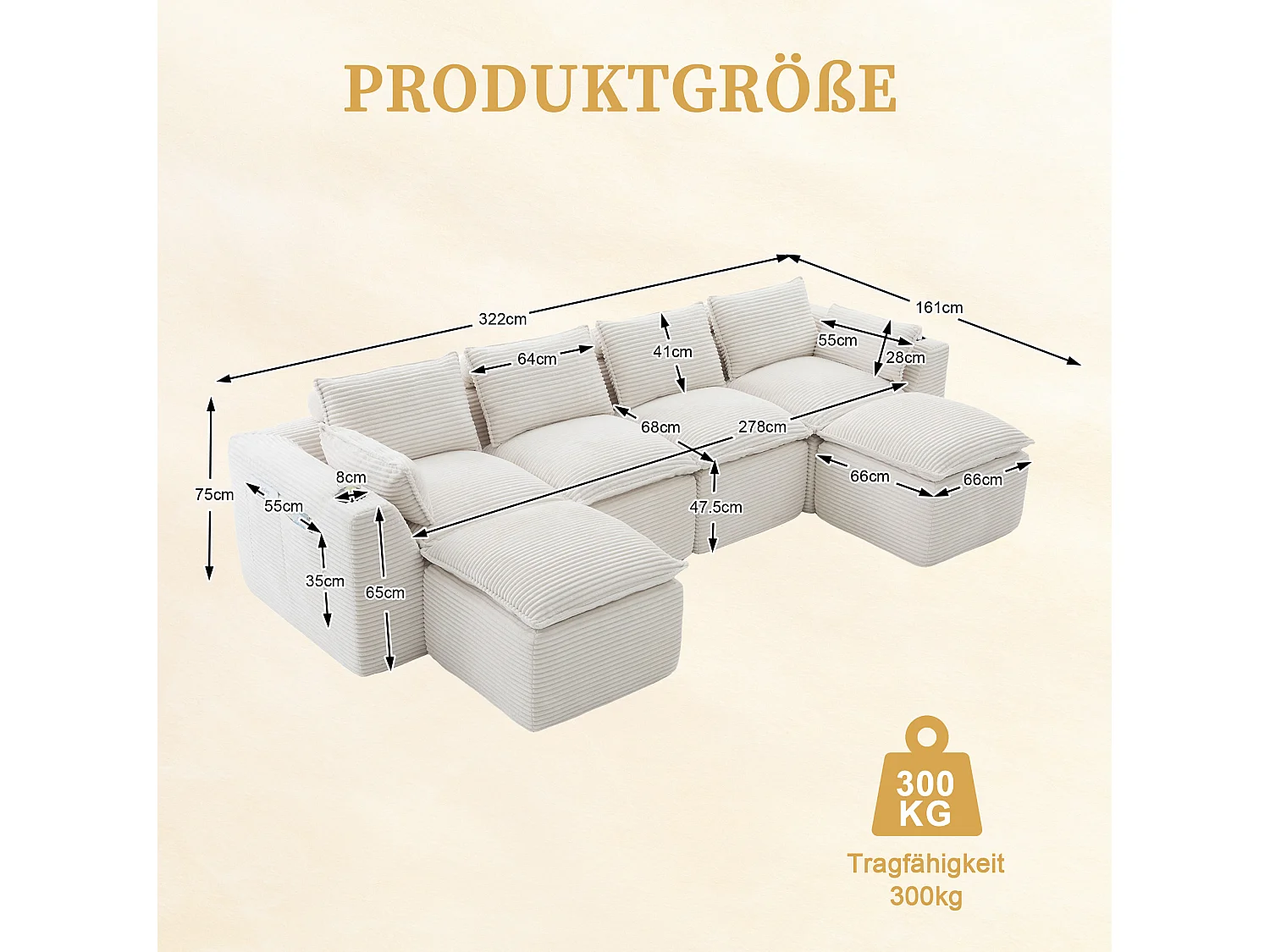 Modulaire 4-zitsbank met kussens en 2 voetenbankjes - Beige corduroy