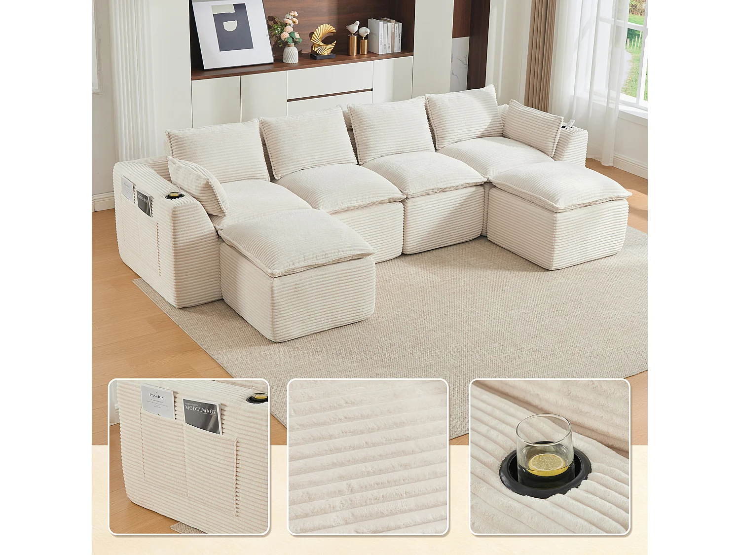 Modulaire 4-zitsbank met kussens en 2 voetenbankjes - Beige corduroy