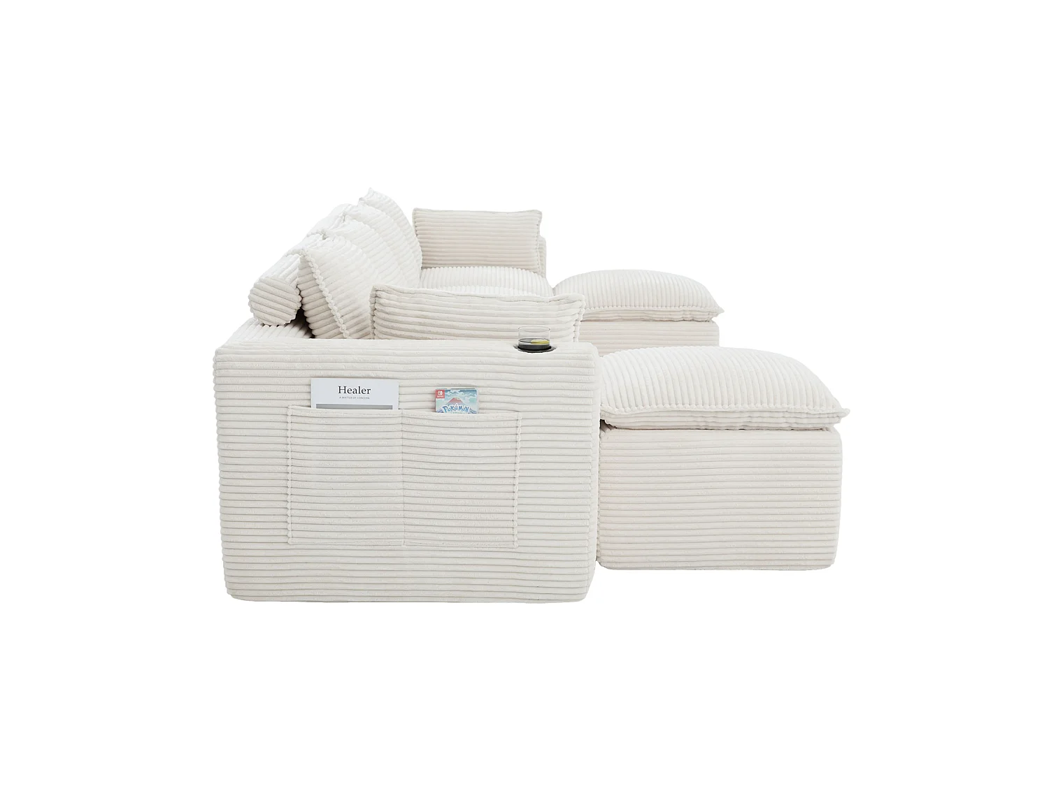 Modulaire 4-zitsbank met kussens en 2 voetenbankjes - Beige corduroy