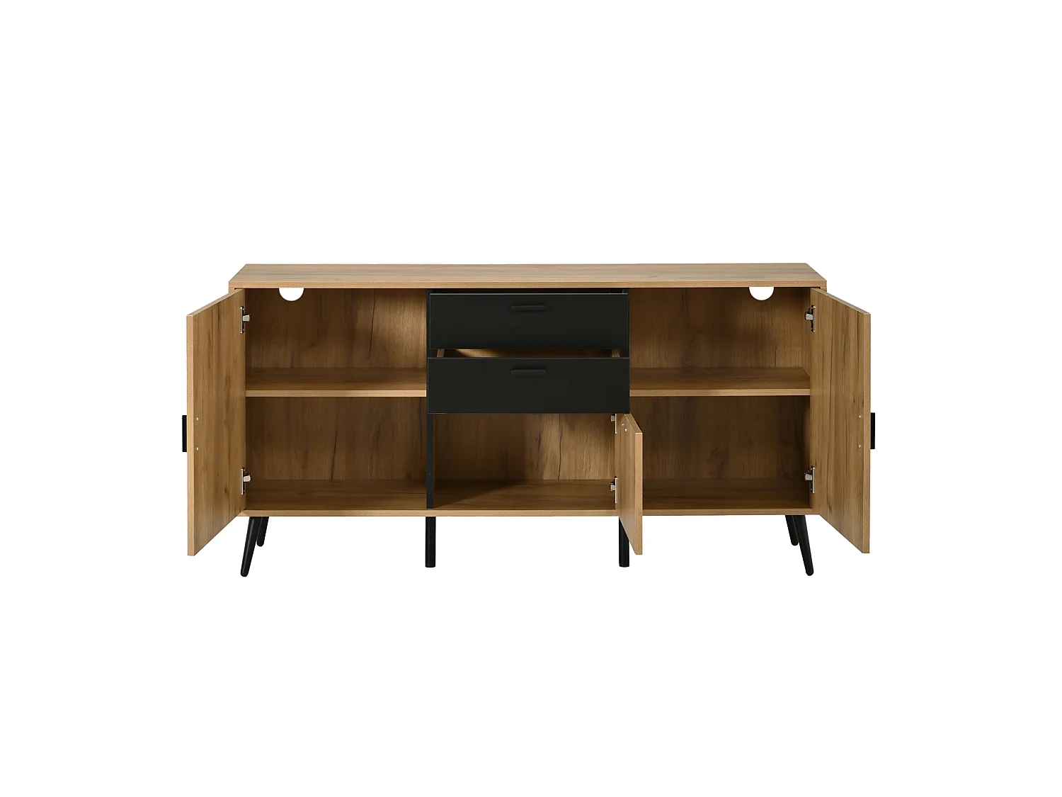 Dressoir met 2 lades en 3 deuren - Zwart en hout 140 x 35 x 67 cm