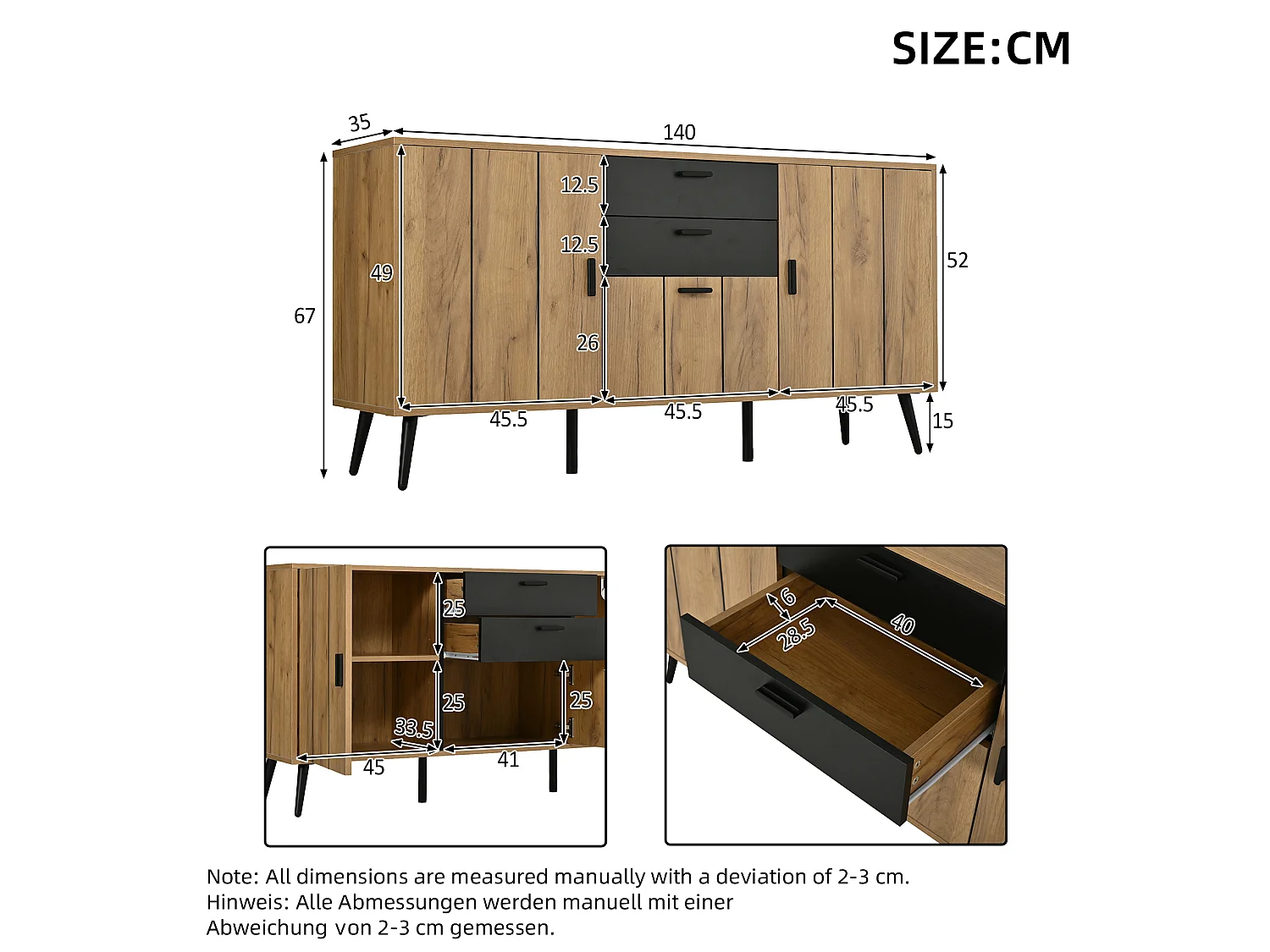 Dressoir met 2 lades en 3 deuren - Zwart en hout 140 x 35 x 67 cm