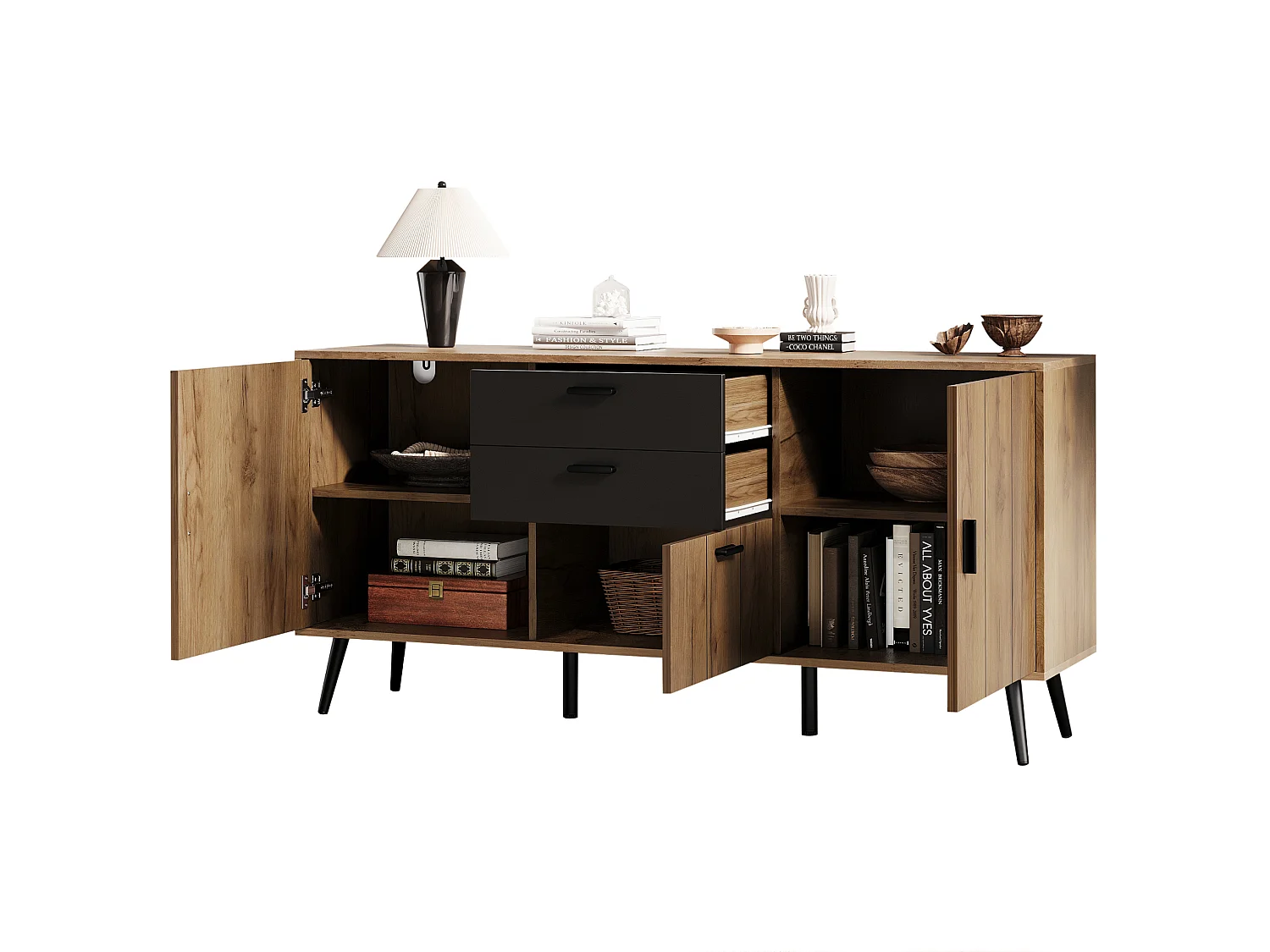 Dressoir met 2 lades en 3 deuren - Zwart en hout 140 x 35 x 67 cm