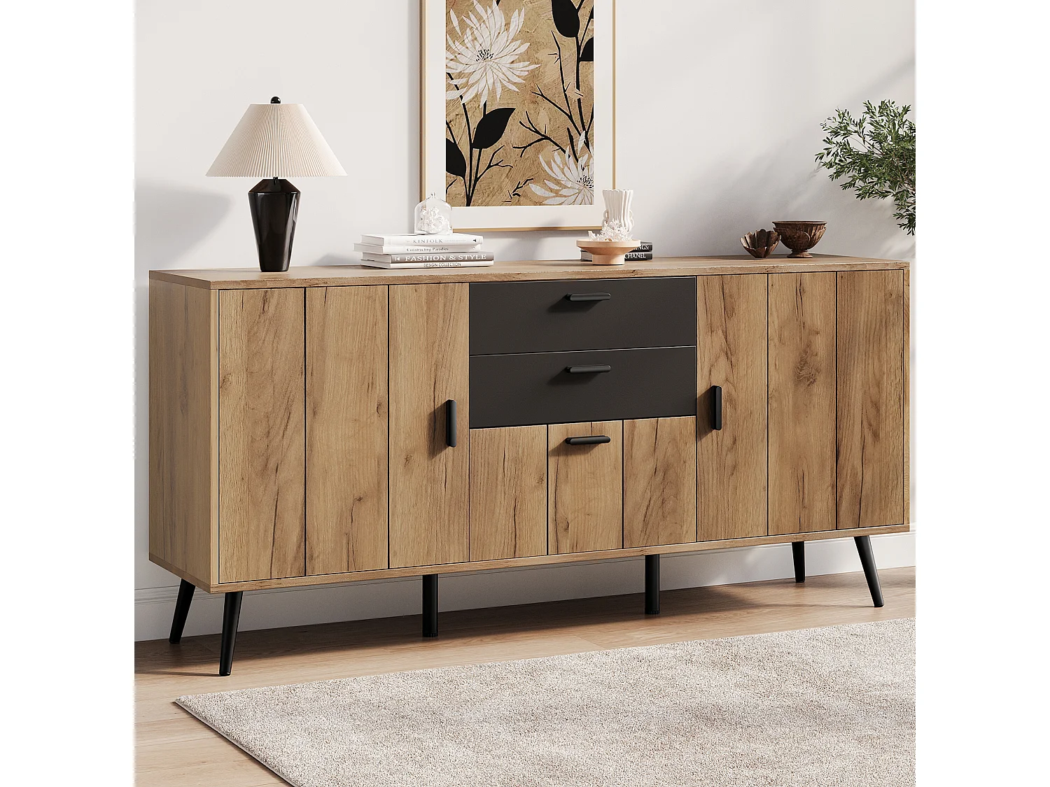 Dressoir met 2 lades en 3 deuren - Zwart en hout 140 x 35 x 67 cm