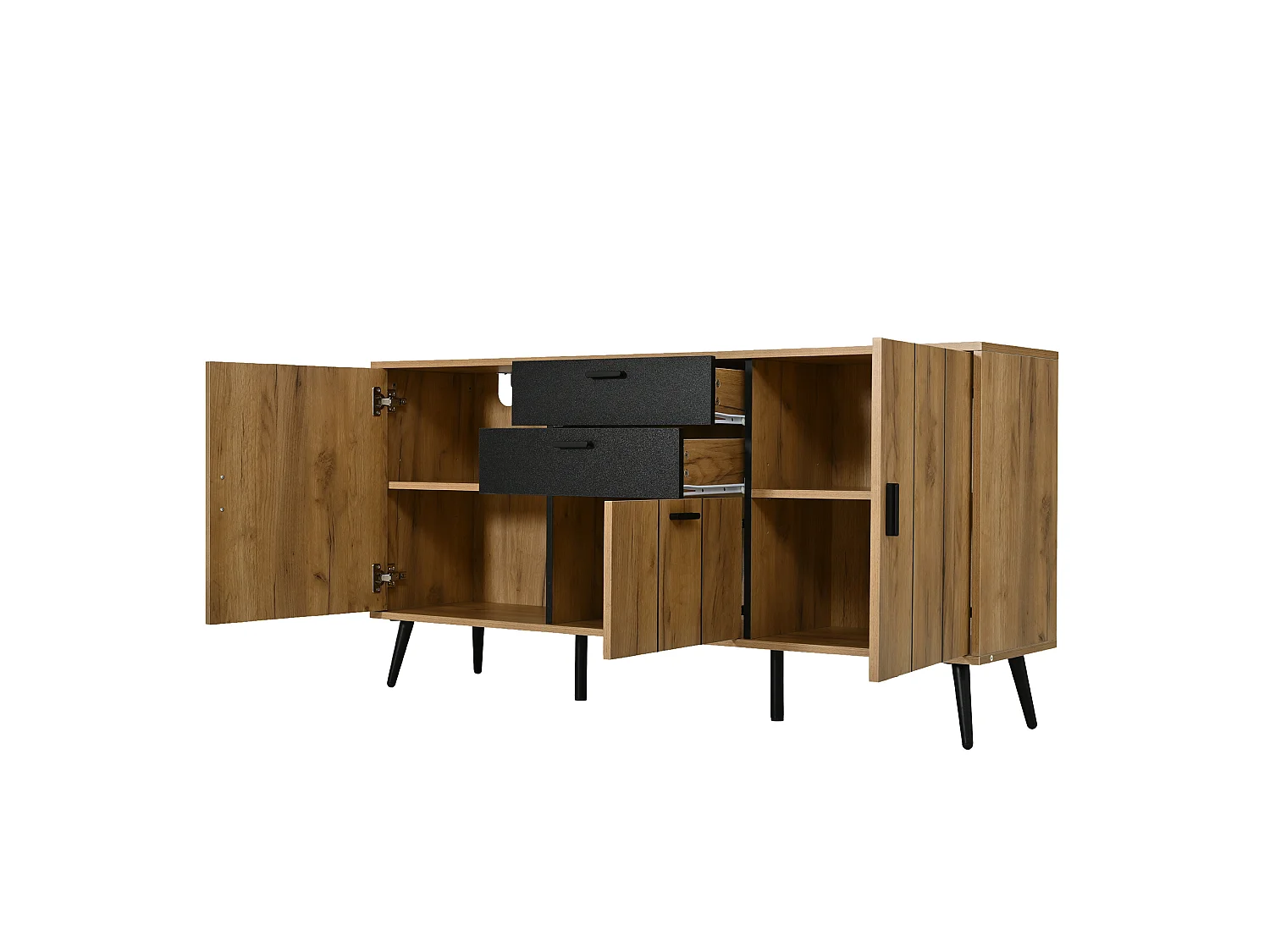 Dressoir met 2 lades en 3 deuren - Zwart en hout 140 x 35 x 67 cm