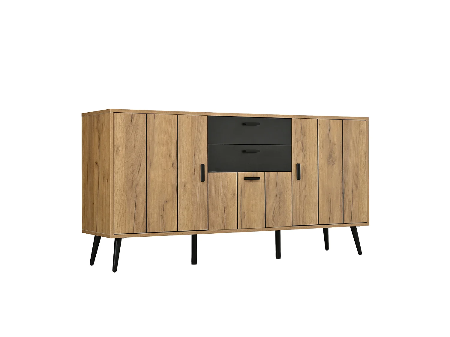 Dressoir met 2 lades en 3 deuren - Zwart en hout 140 x 35 x 67 cm