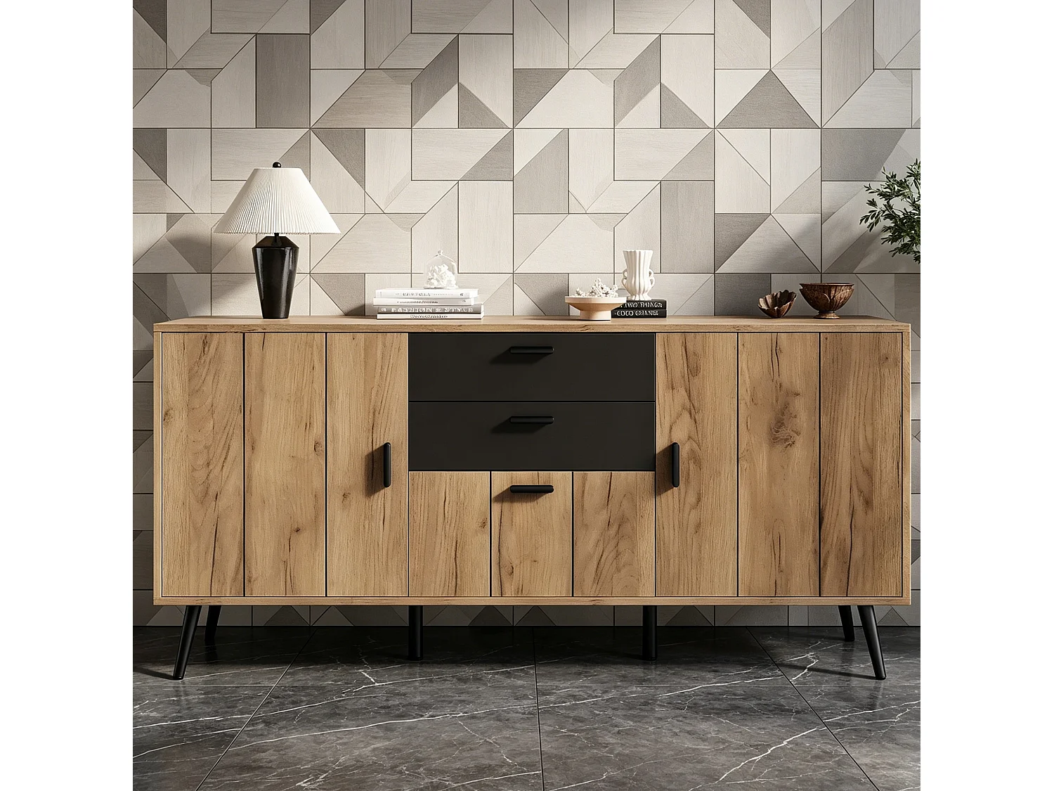 Dressoir met 2 lades en 3 deuren - Zwart en hout 140 x 35 x 67 cm
