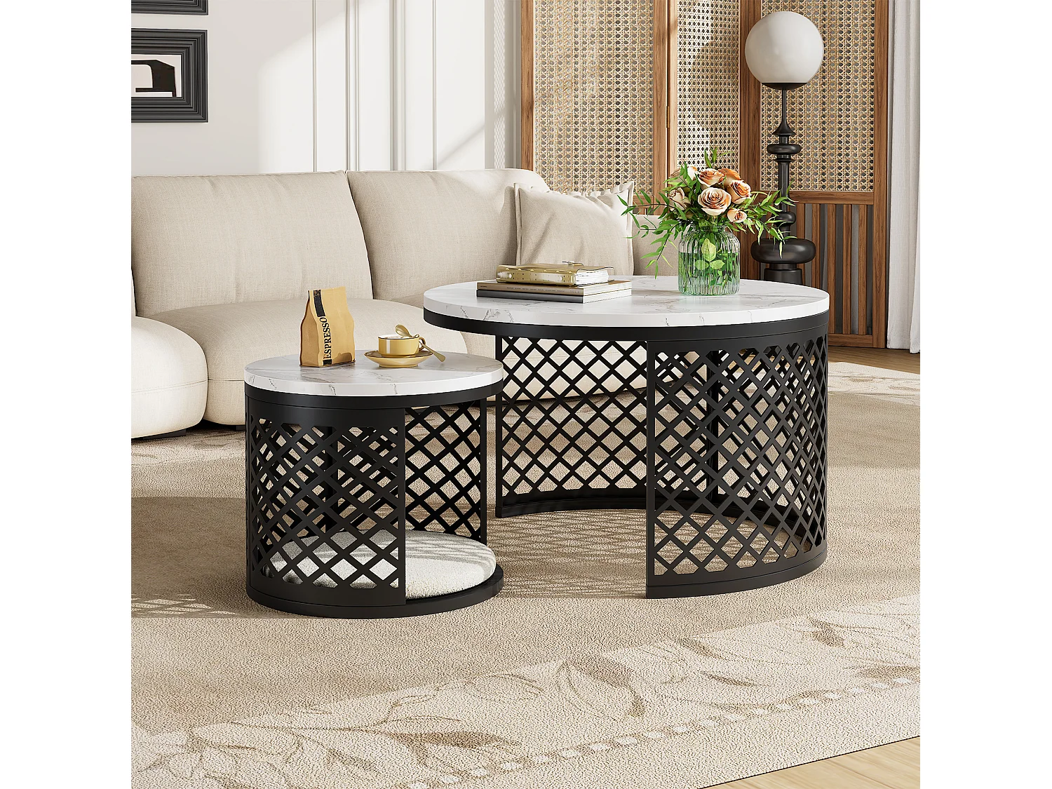 Ronde in elkaar schuifbare salontafels met geometrisch patroon - Zwart-wit