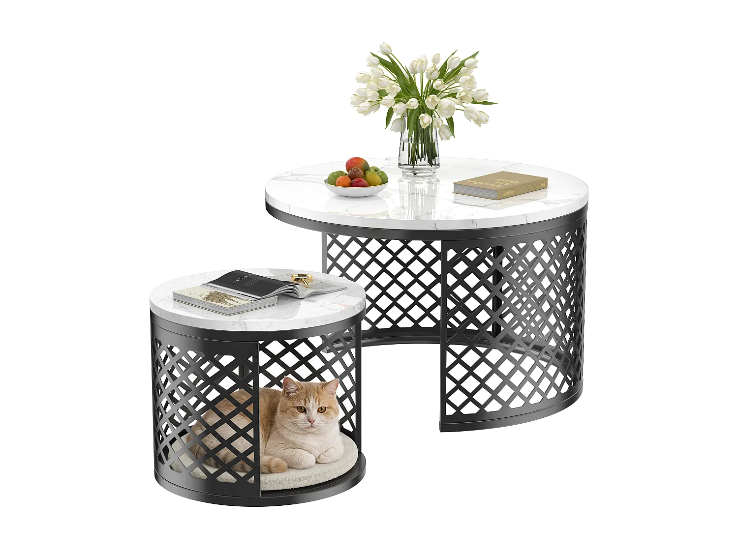 Ronde in elkaar schuifbare salontafels met geometrisch patroon - Zwart-wit