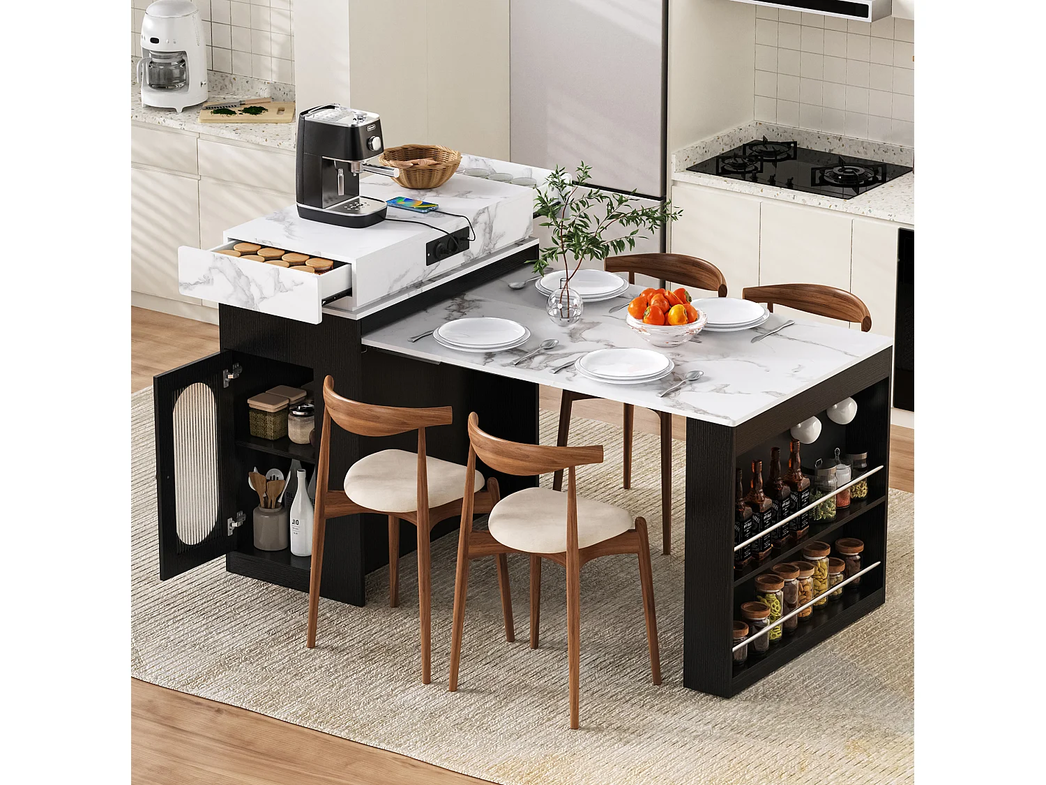 Îlot de cuisine extensible avec prise, tiroir et rangements - Noir