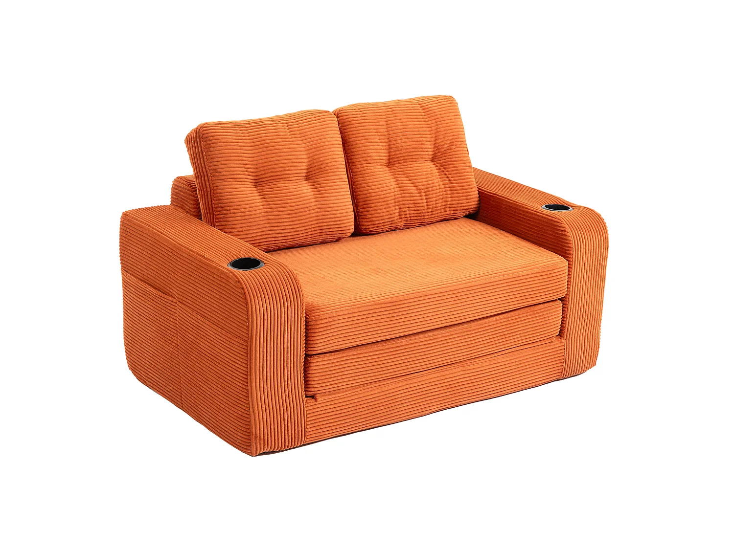 Canapé convertible 2 places en velours côtelé - Porte-gobelets et poches latérales - Orange
