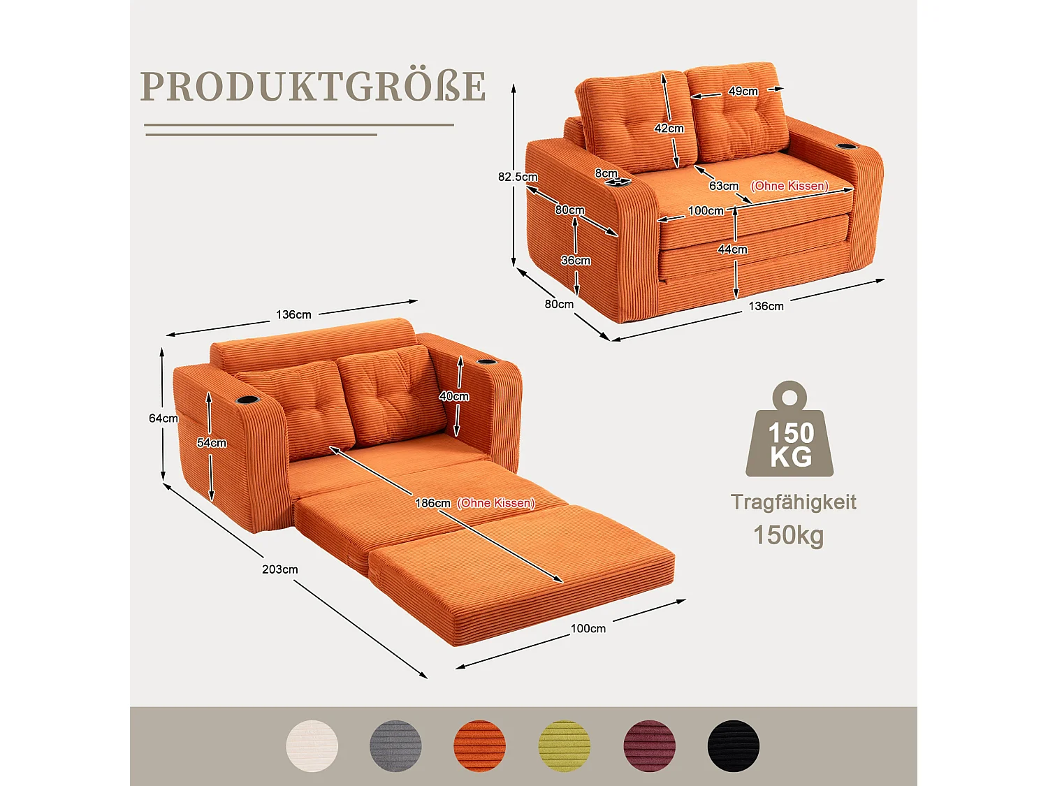 Canapé convertible 2 places en velours côtelé - Porte-gobelets et poches latérales - Orange