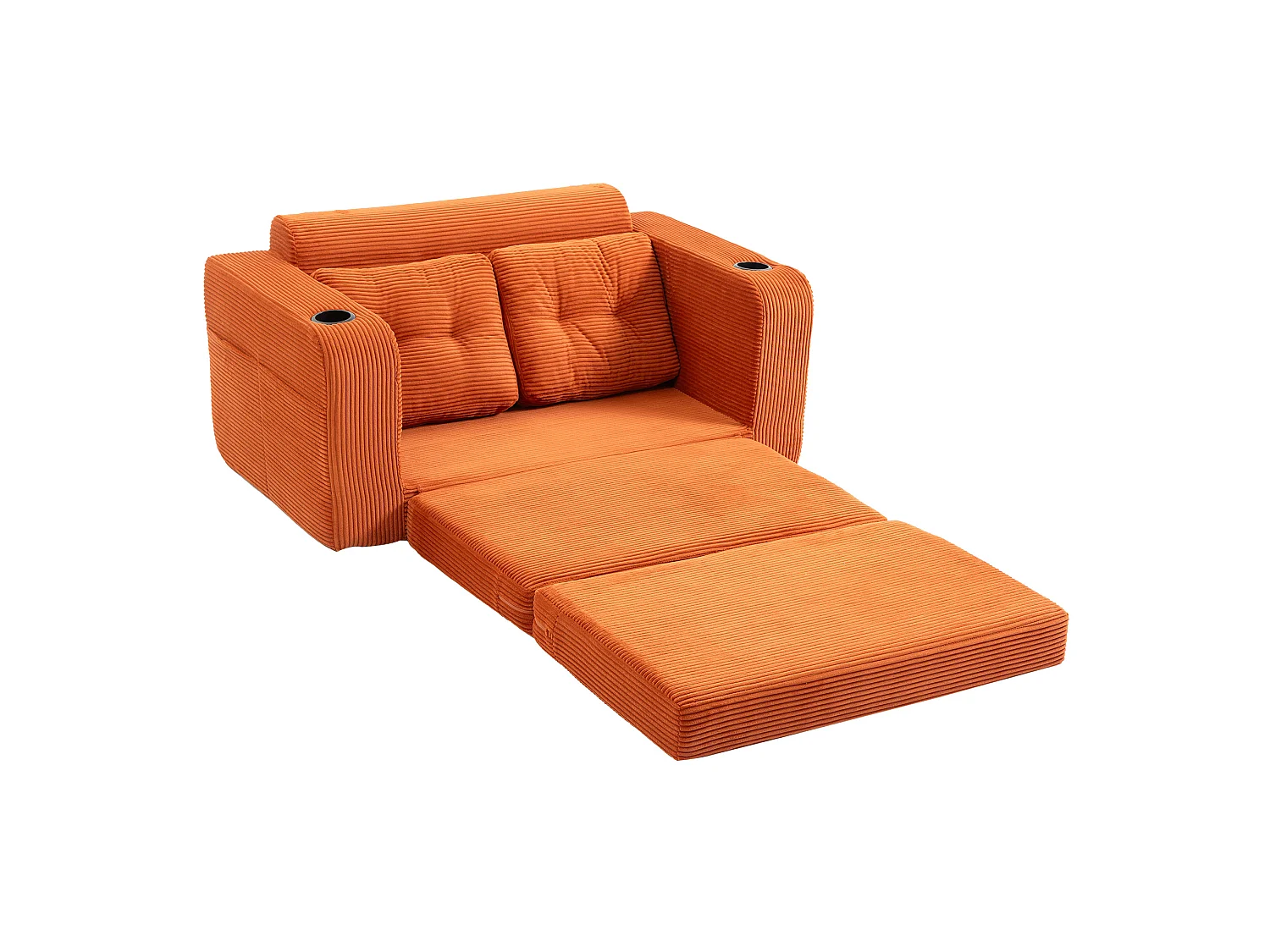 Canapé convertible 2 places en velours côtelé - Porte-gobelets et poches latérales - Orange