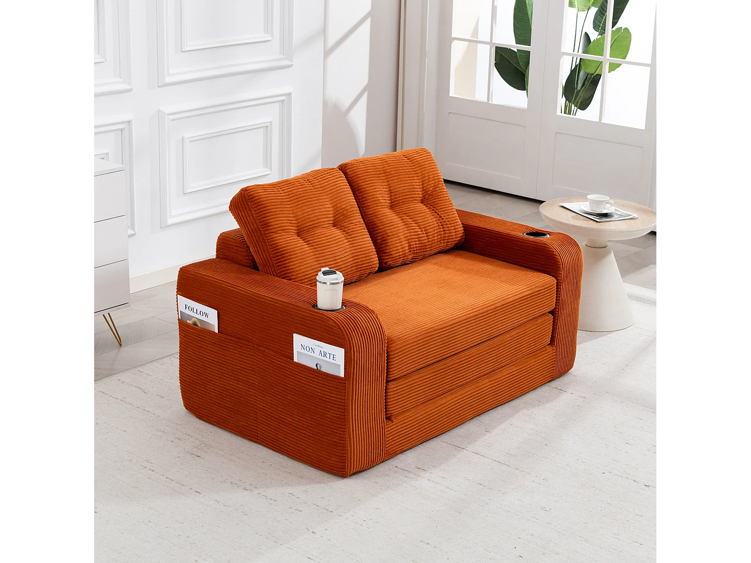 Canapé convertible 2 places en velours côtelé - Porte-gobelets et poches latérales - Orange