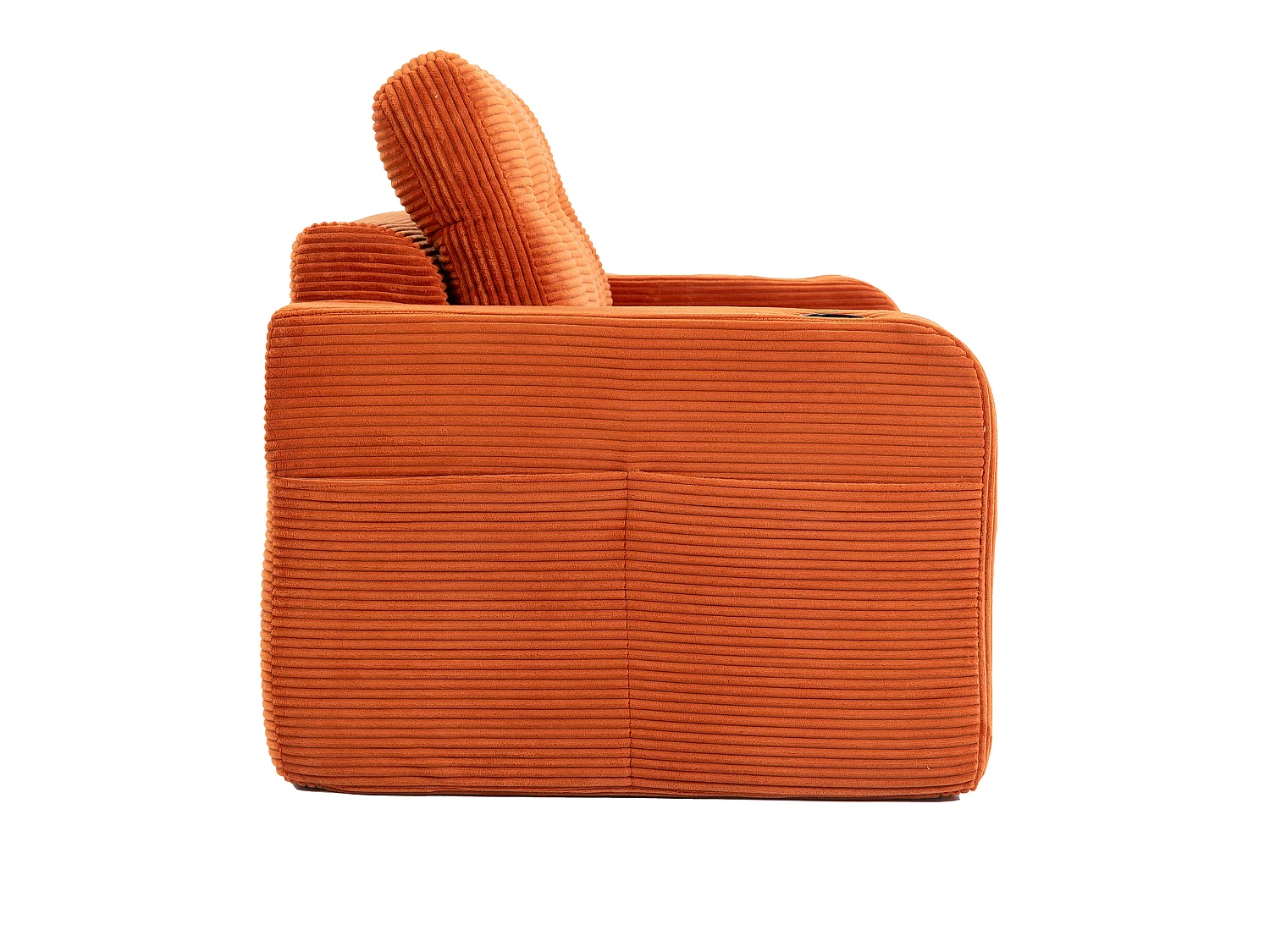 Canapé convertible 2 places en velours côtelé - Porte-gobelets et poches latérales - Orange
