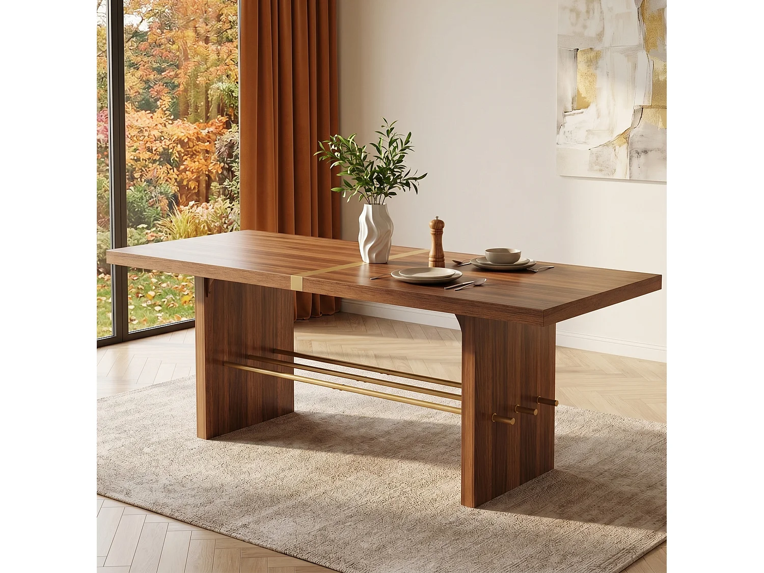 Table à manger 180 x 75 cm pour 6 à 8 places - Plateau de 4 cm d'épaisseur - Marron et or