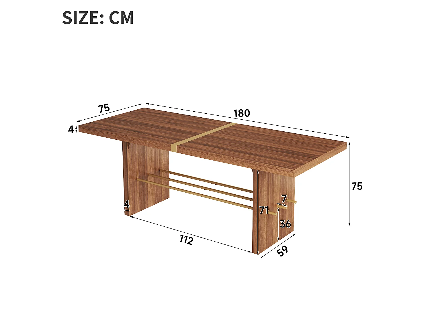Table à manger 180 x 75 cm pour 6 à 8 places - Plateau de 4 cm d'épaisseur - Marron et or