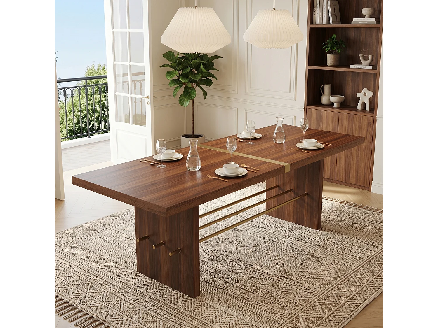 Table à manger 180 x 75 cm pour 6 à 8 places - Plateau de 4 cm d'épaisseur - Marron et or