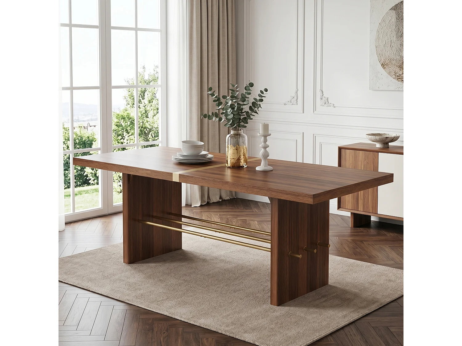 Table à manger 180 x 75 cm pour 6 à 8 places - Plateau de 4 cm d'épaisseur - Marron et or