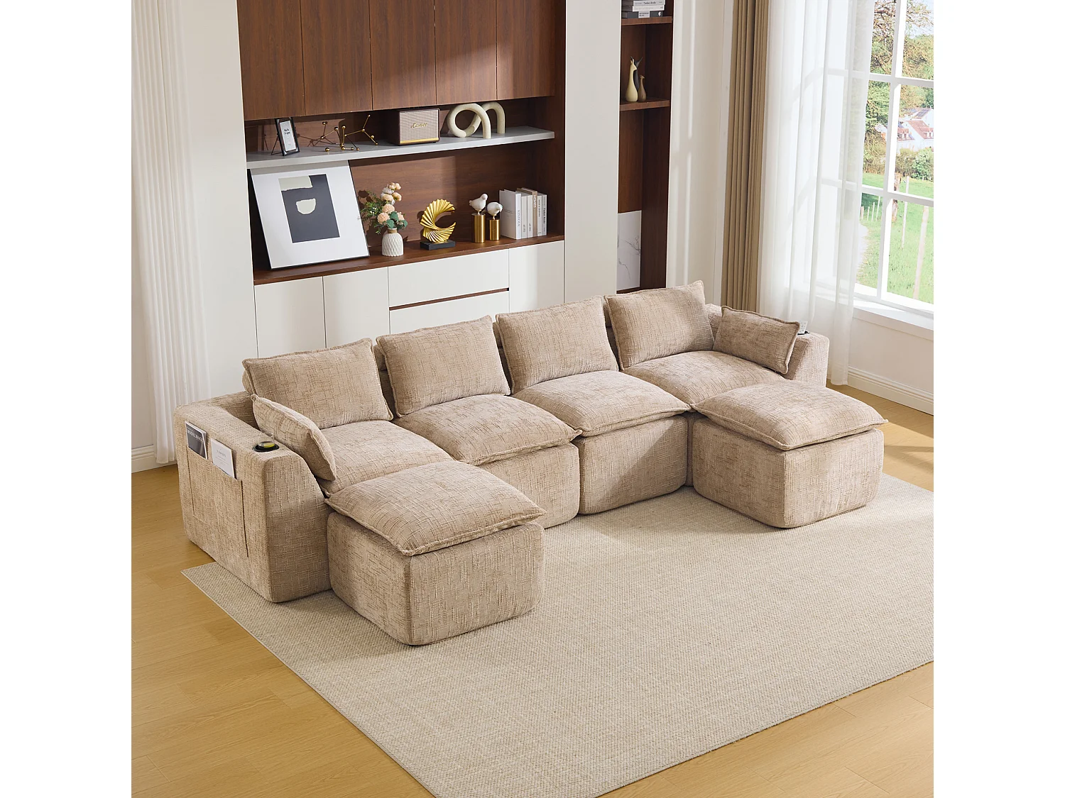 Canapé 4 places avec pouf en tissu chenille kaki