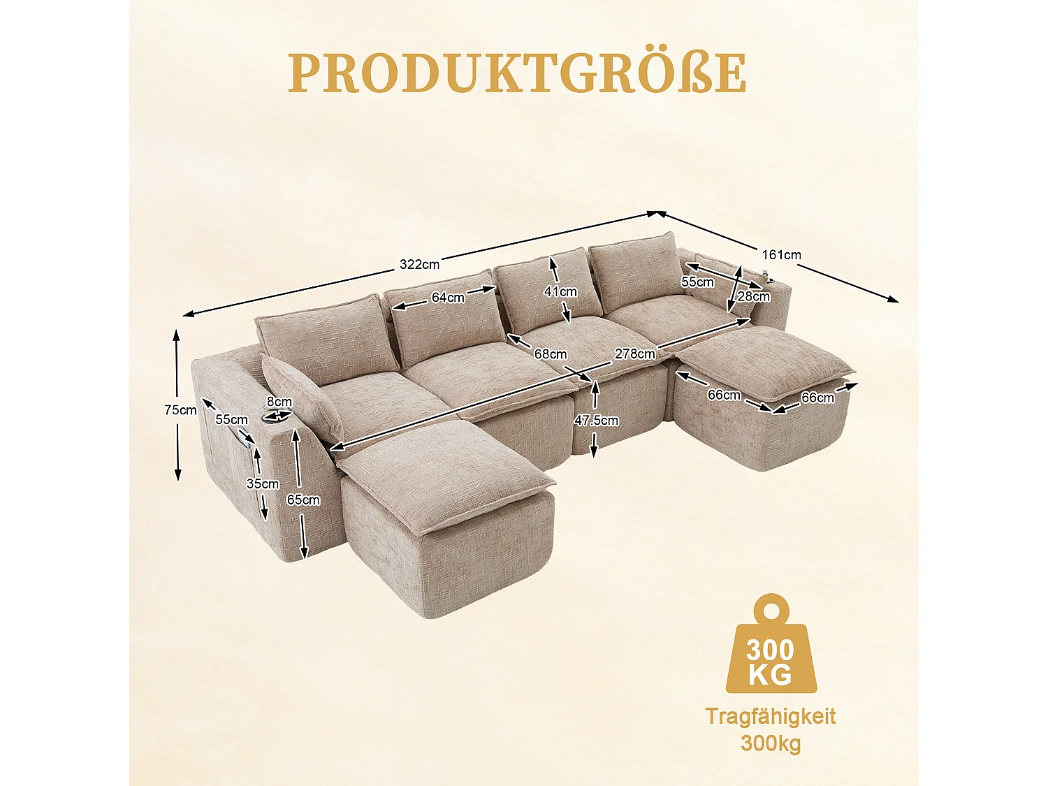 Canapé 4 places avec pouf en tissu chenille kaki