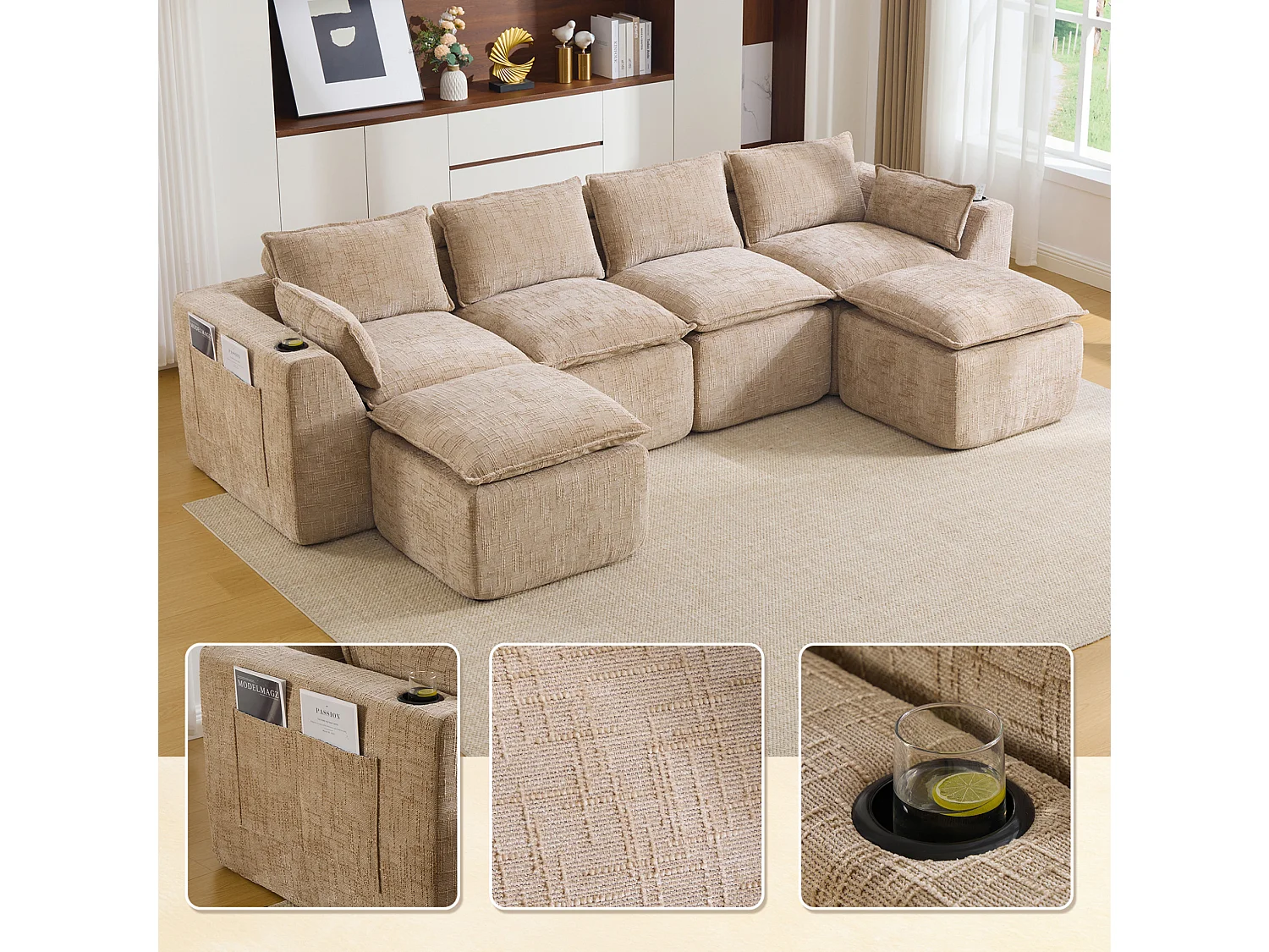 Canapé 4 places avec pouf en tissu chenille kaki
