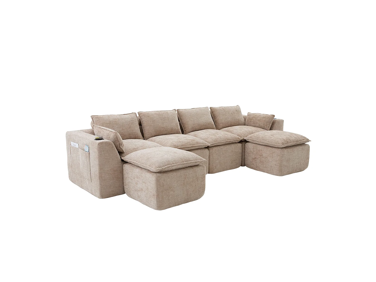 Canapé 4 places avec pouf en tissu chenille kaki