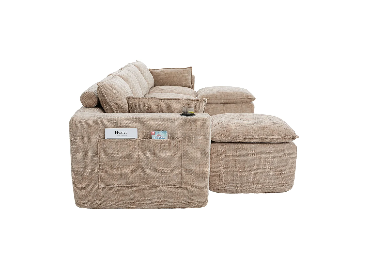 Canapé 4 places avec pouf en tissu chenille kaki