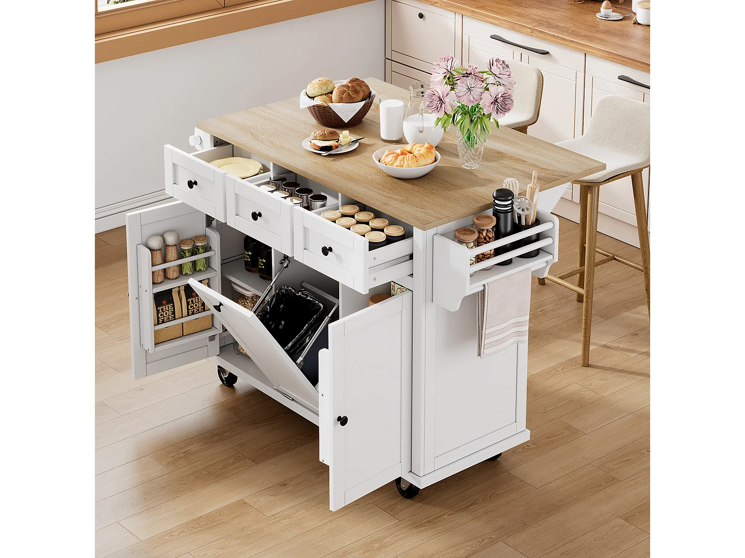 Îlot de cuisine à roulettes avec plateau extensible, 3 tiroirs et portes - Blanc et bois