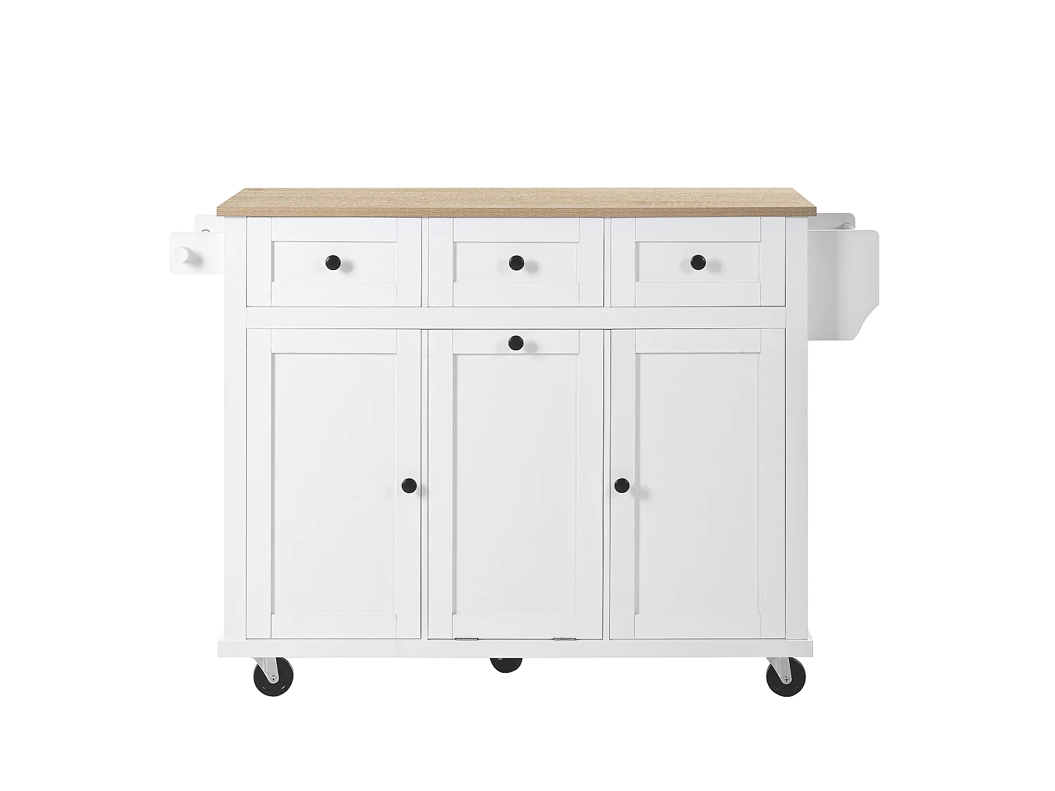 Îlot de cuisine à roulettes avec plateau extensible, 3 tiroirs et portes - Blanc et bois