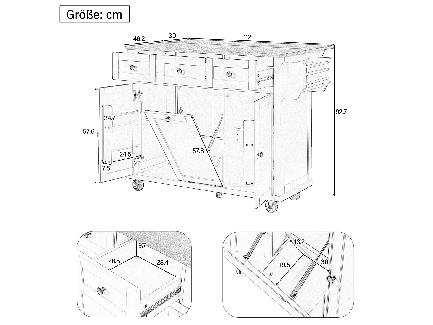 Îlot de cuisine à roulettes avec plateau extensible, 3 tiroirs et portes - Blanc et bois