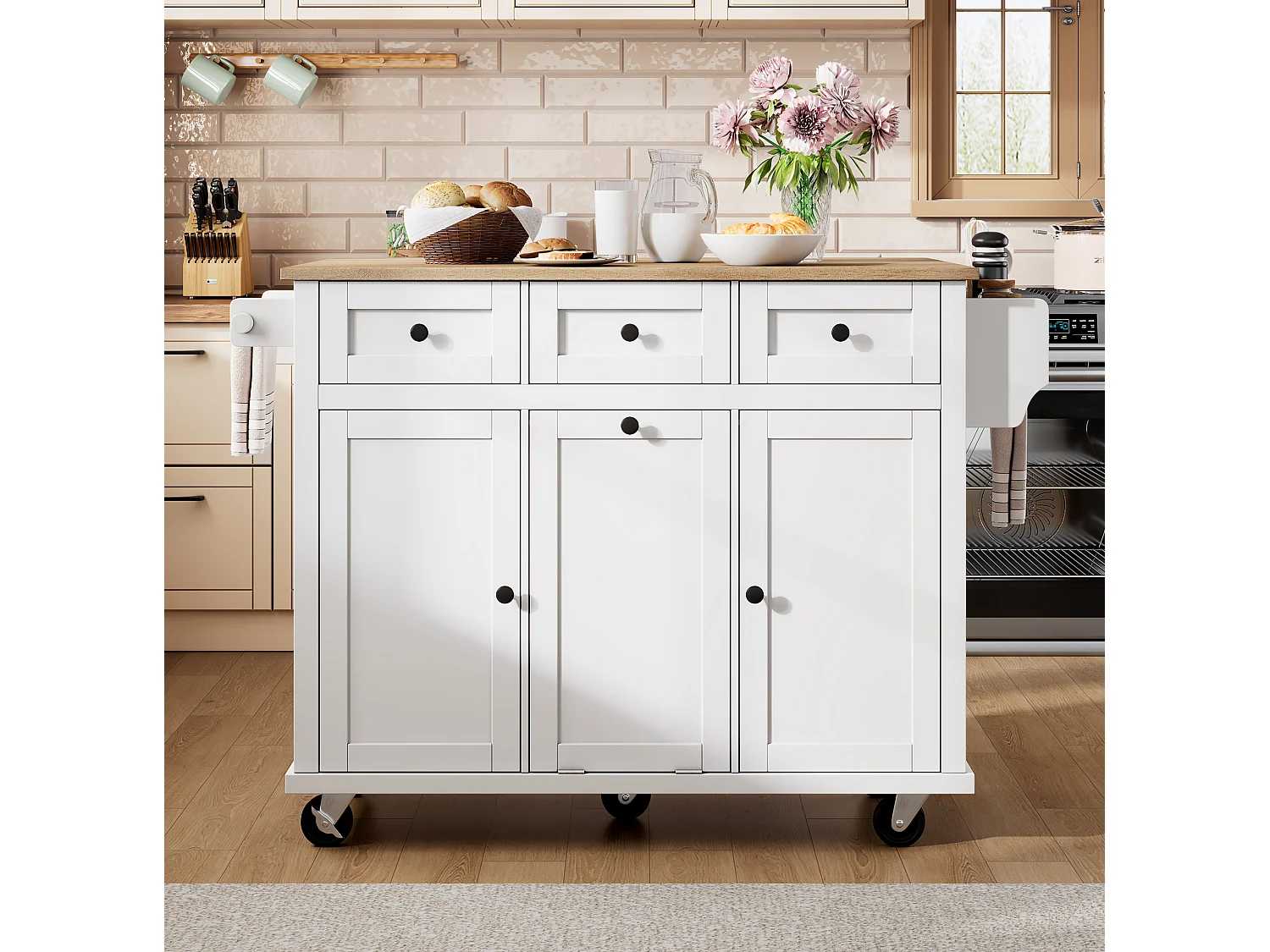 Îlot de cuisine à roulettes avec plateau extensible, 3 tiroirs et portes - Blanc et bois