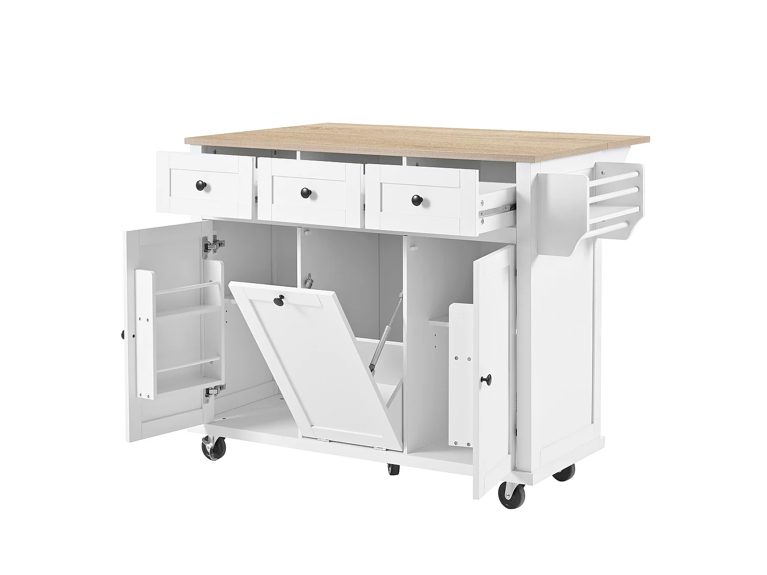 Îlot de cuisine à roulettes avec plateau extensible, 3 tiroirs et portes - Blanc et bois