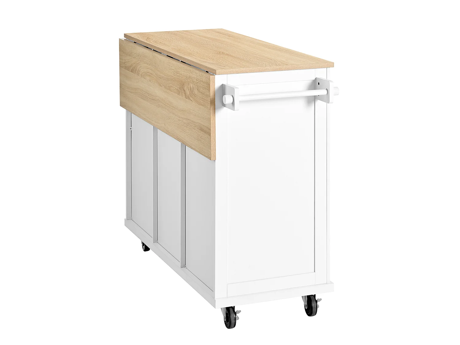 Îlot de cuisine à roulettes avec plateau extensible, 3 tiroirs et portes - Blanc et bois