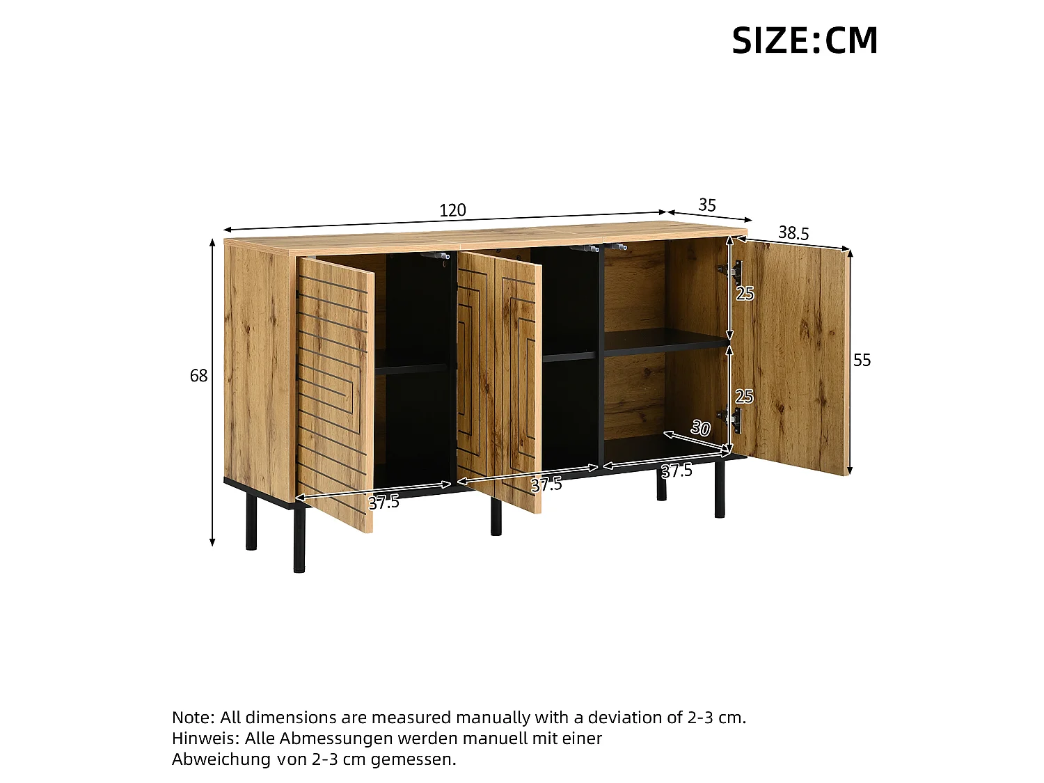 MDF dressoir met golvend patroon en 3 deuren - Hout en zwart 120 × 35 × 68 cm
