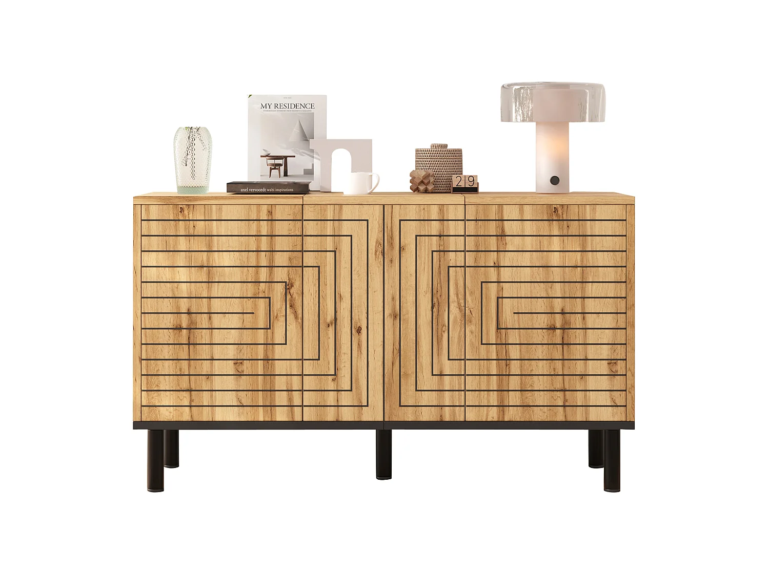 MDF dressoir met golvend patroon en 3 deuren - Hout en zwart 120 × 35 × 68 cm