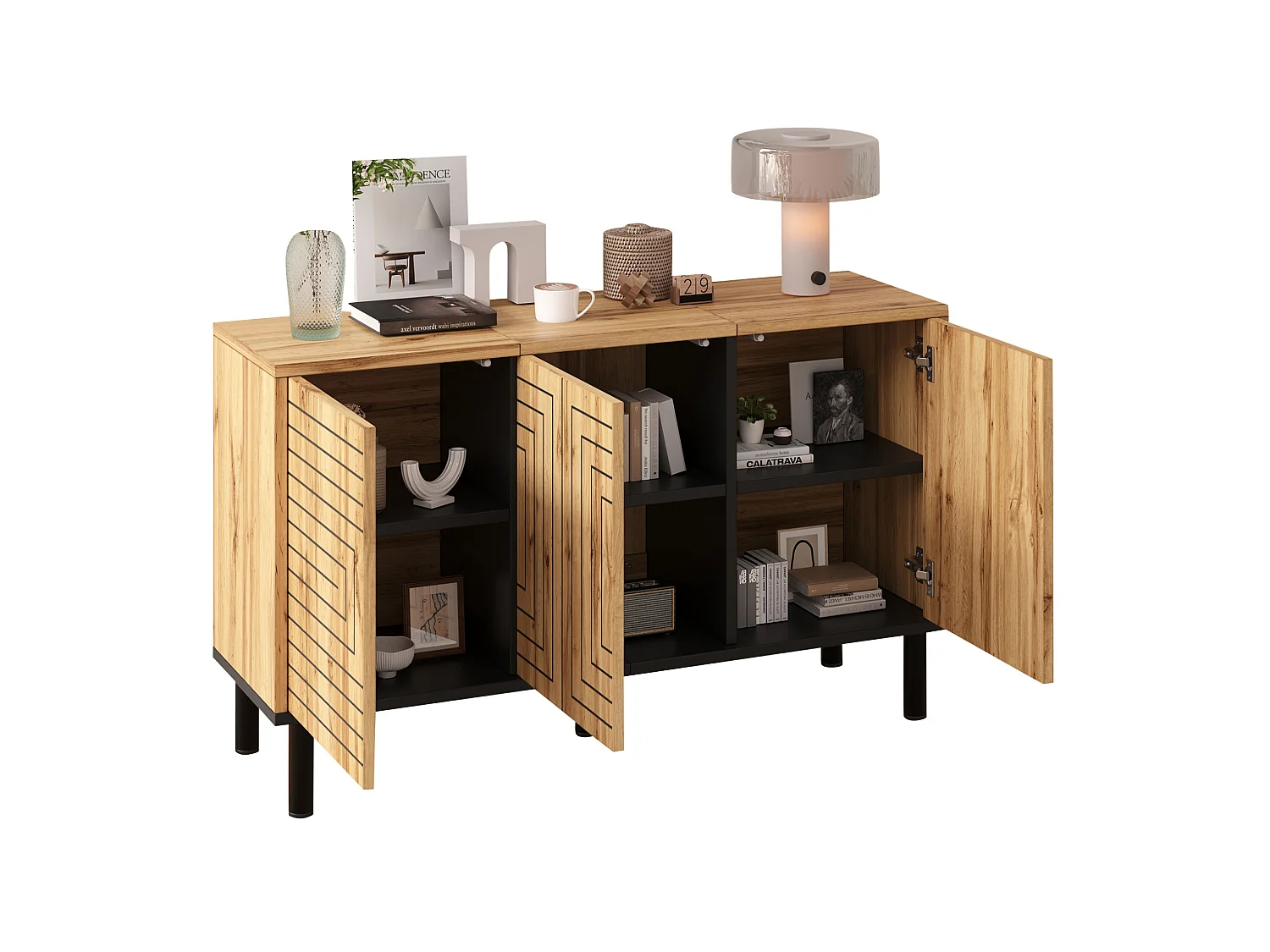 MDF dressoir met golvend patroon en 3 deuren - Hout en zwart 120 × 35 × 68 cm