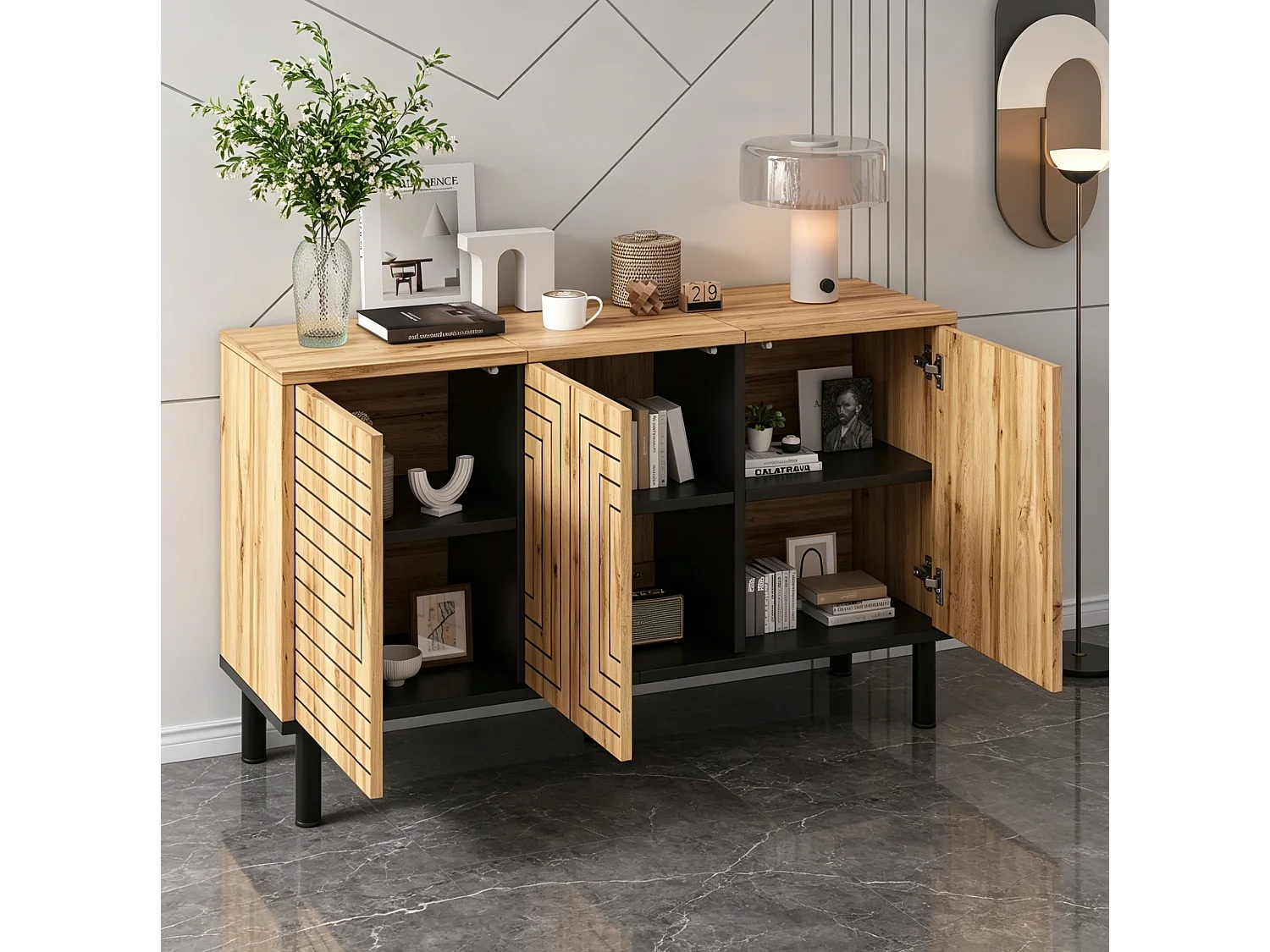 MDF dressoir met golvend patroon en 3 deuren - Hout en zwart 120 × 35 × 68 cm
