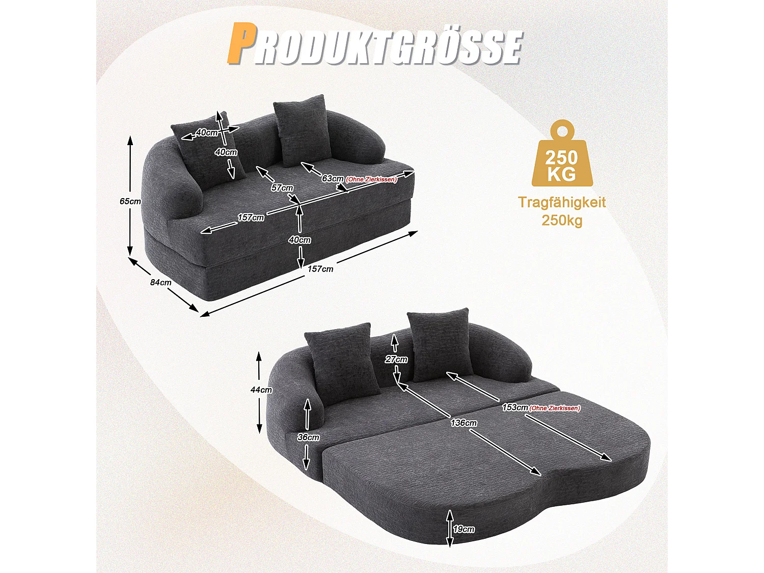 Tweezits slaapbank van chenille met 2 kussens - Donkergrijs 157 x 84 x 65 cm