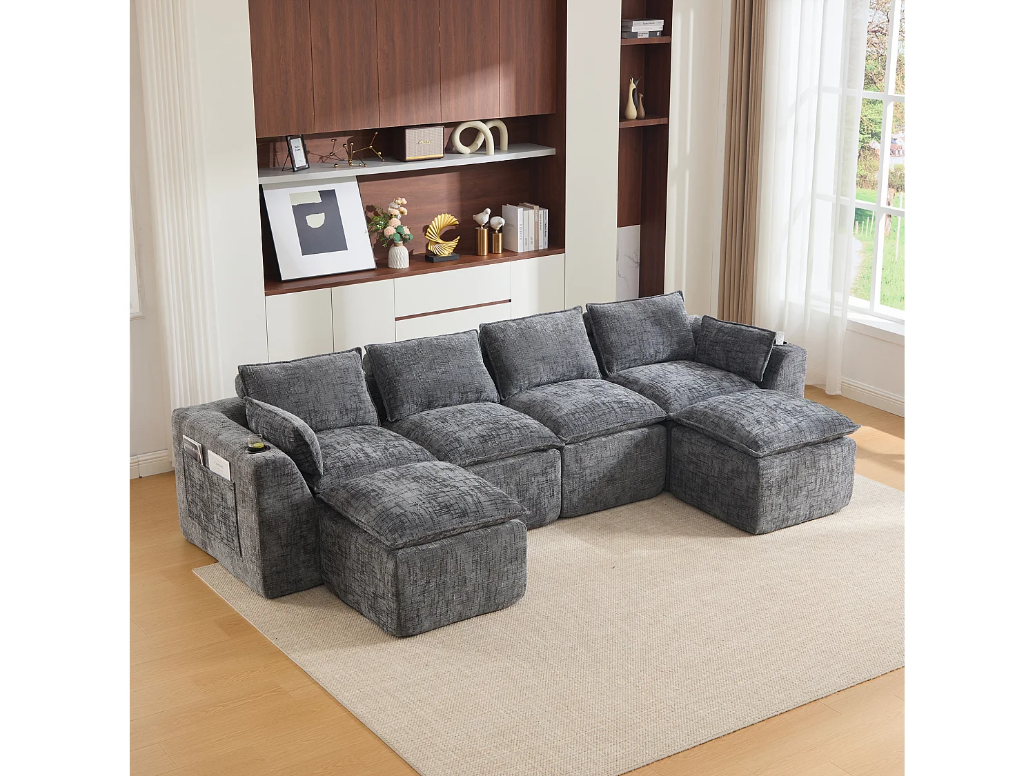 Canapé 4 places avec pouf en tissu chenille gris foncé