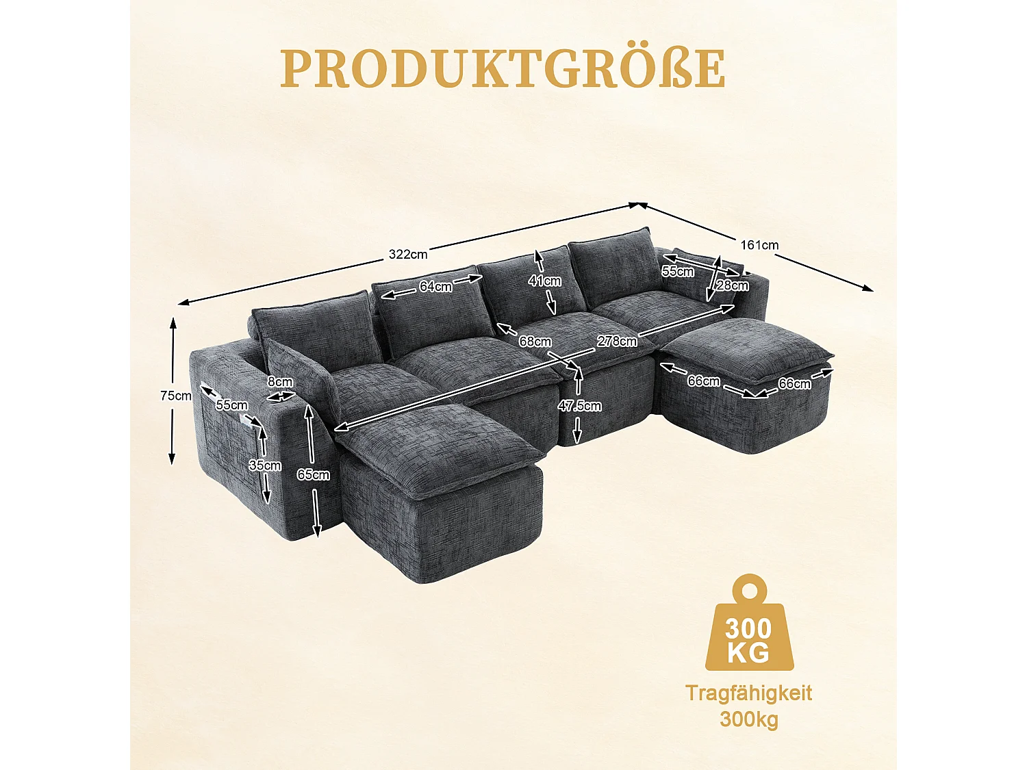 Canapé 4 places avec pouf en tissu chenille gris foncé