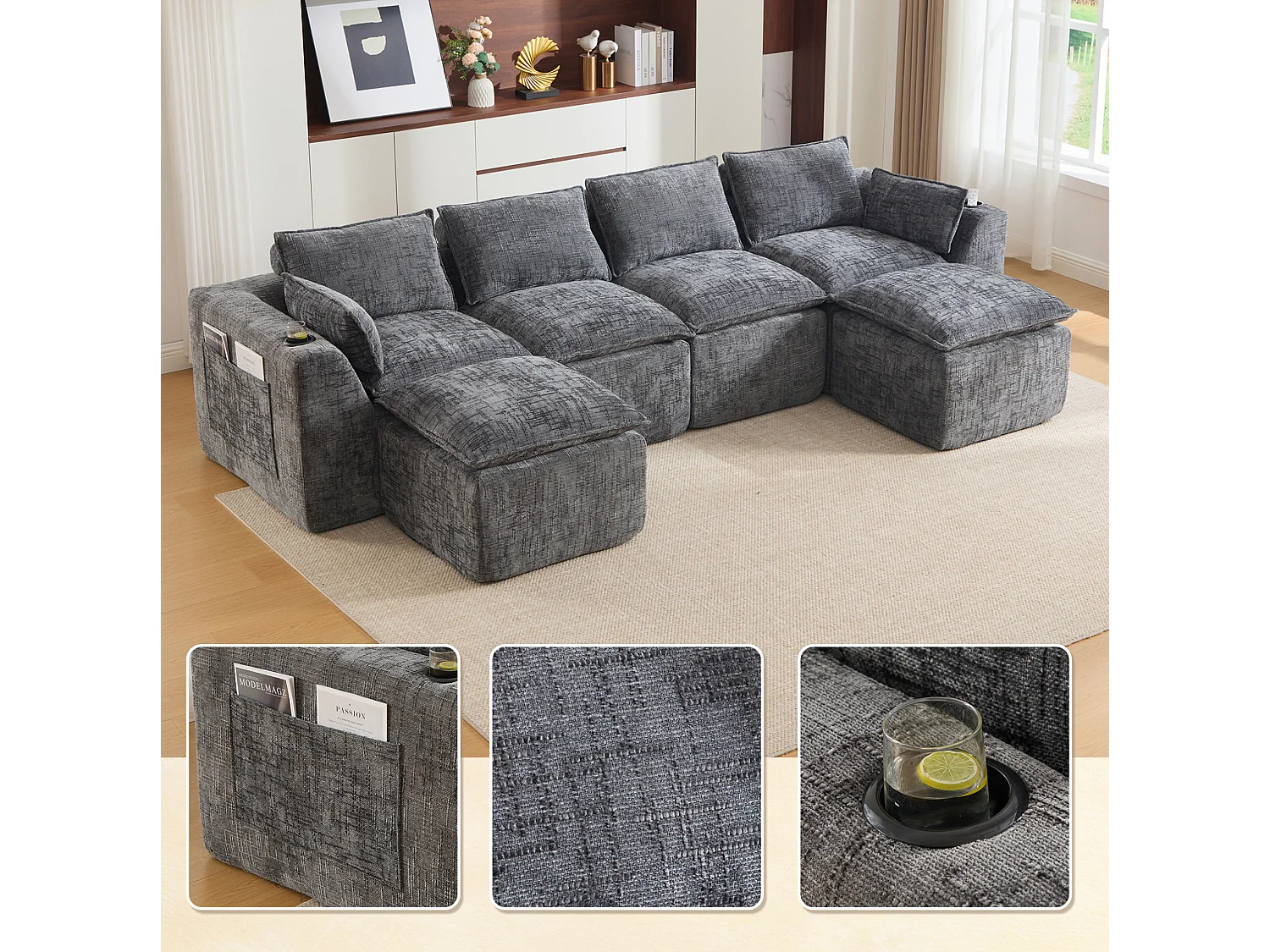 Canapé 4 places avec pouf en tissu chenille gris foncé