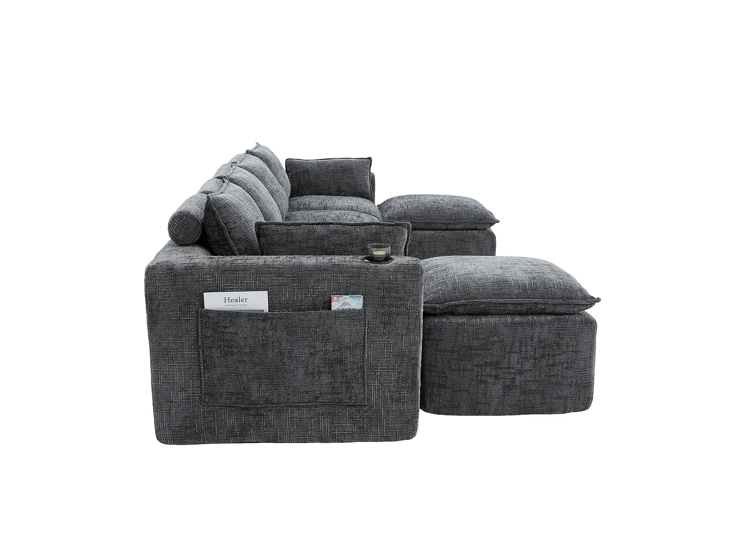 Canapé 4 places avec pouf en tissu chenille gris foncé