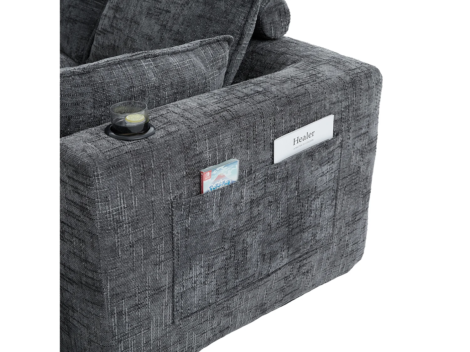 Canapé 4 places avec pouf en tissu chenille gris foncé