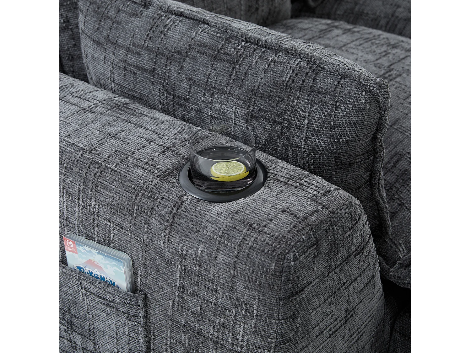 Canapé 4 places avec pouf en tissu chenille gris foncé