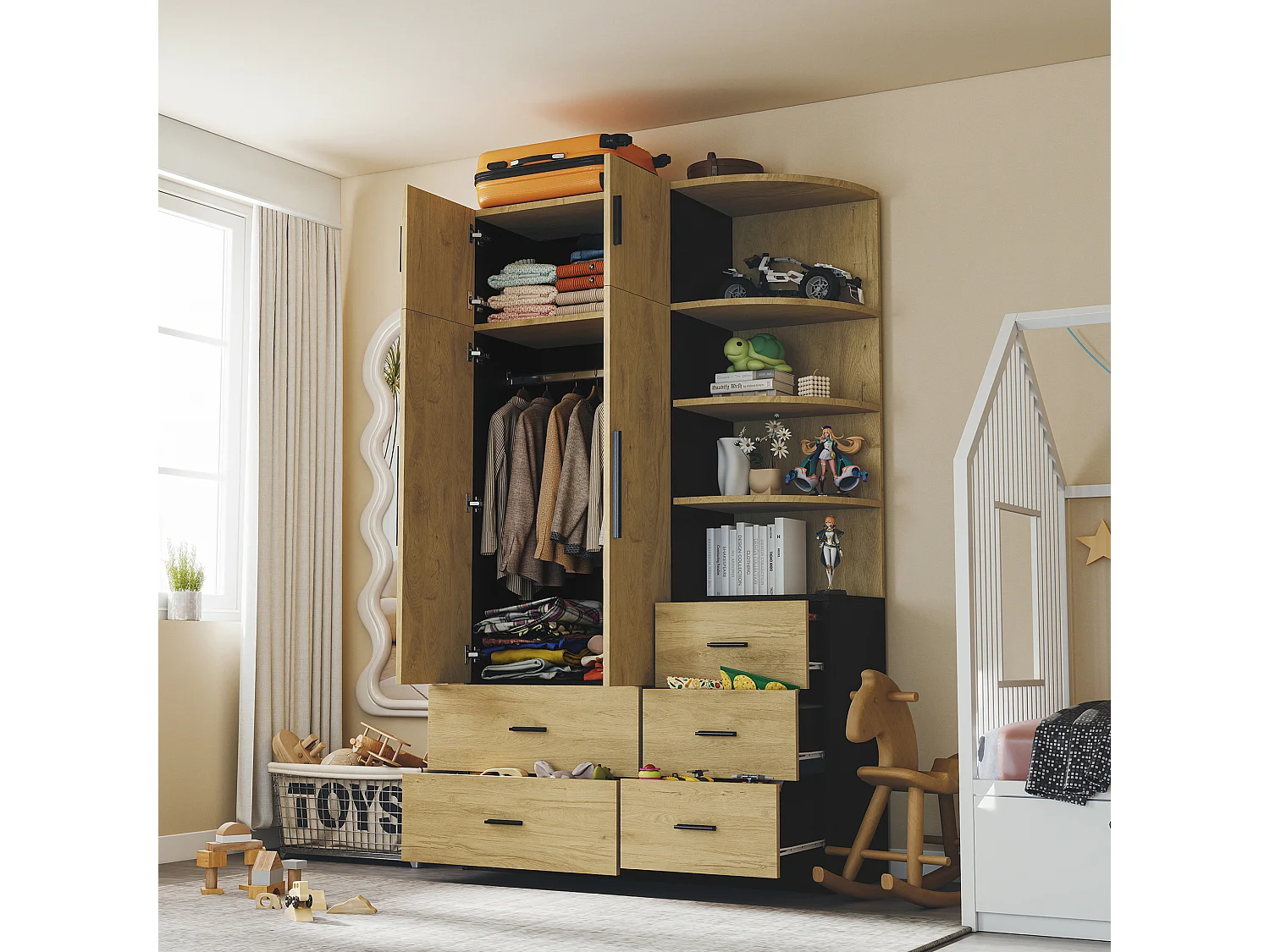 Roupeiro com espaço para pendurar roupa, 5 gavetas e 2 portas - Madeira e preto