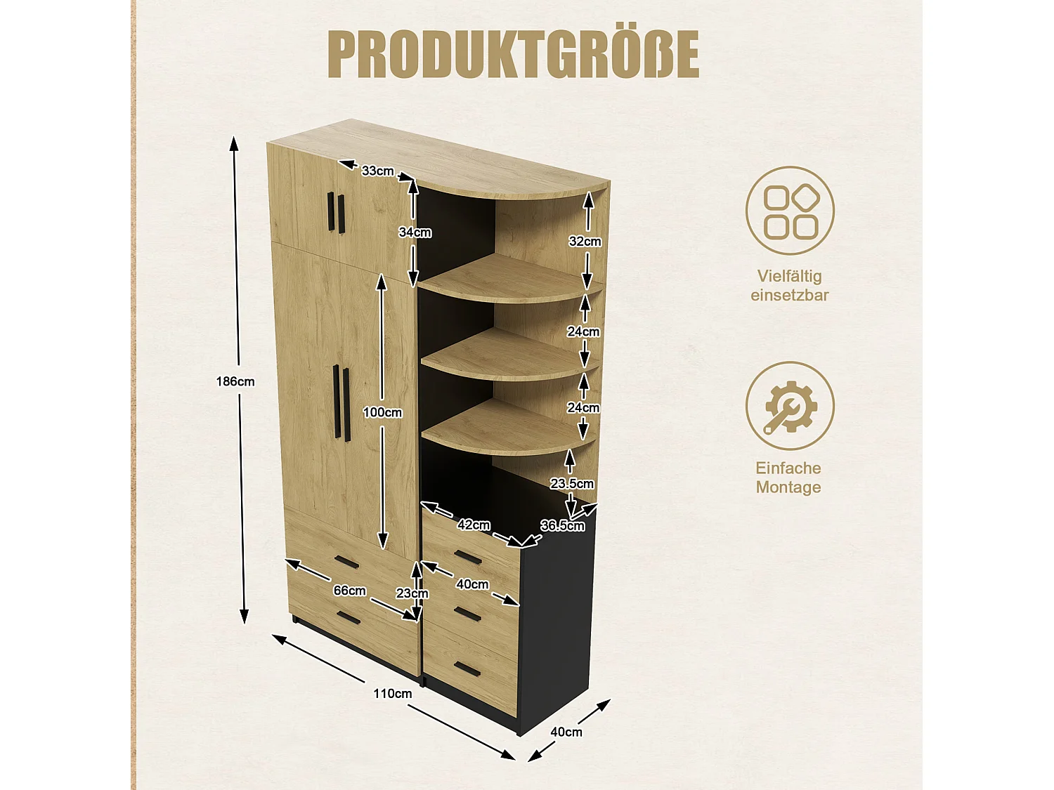 Roupeiro com espaço para pendurar roupa, 5 gavetas e 2 portas - Madeira e preto