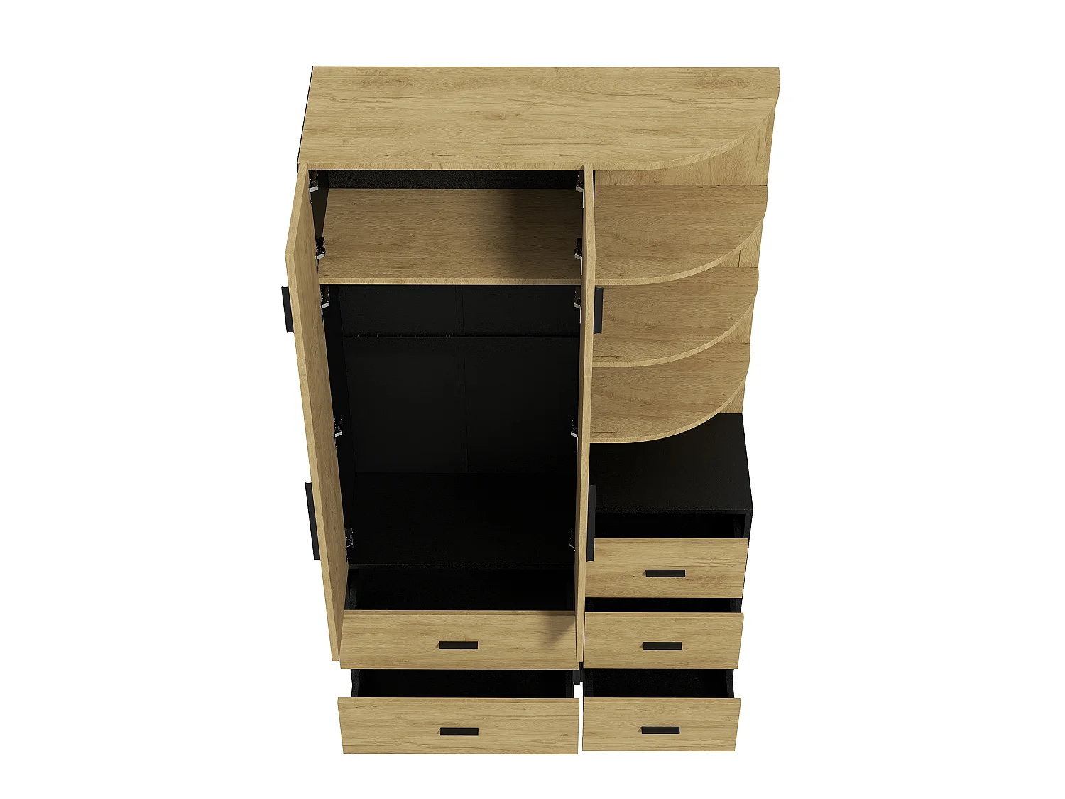 Roupeiro com espaço para pendurar roupa, 5 gavetas e 2 portas - Madeira e preto