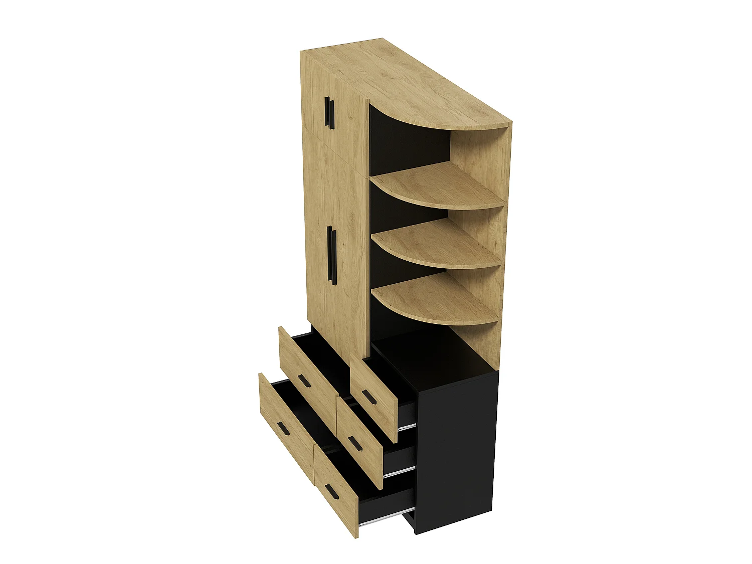 Roupeiro com espaço para pendurar roupa, 5 gavetas e 2 portas - Madeira e preto
