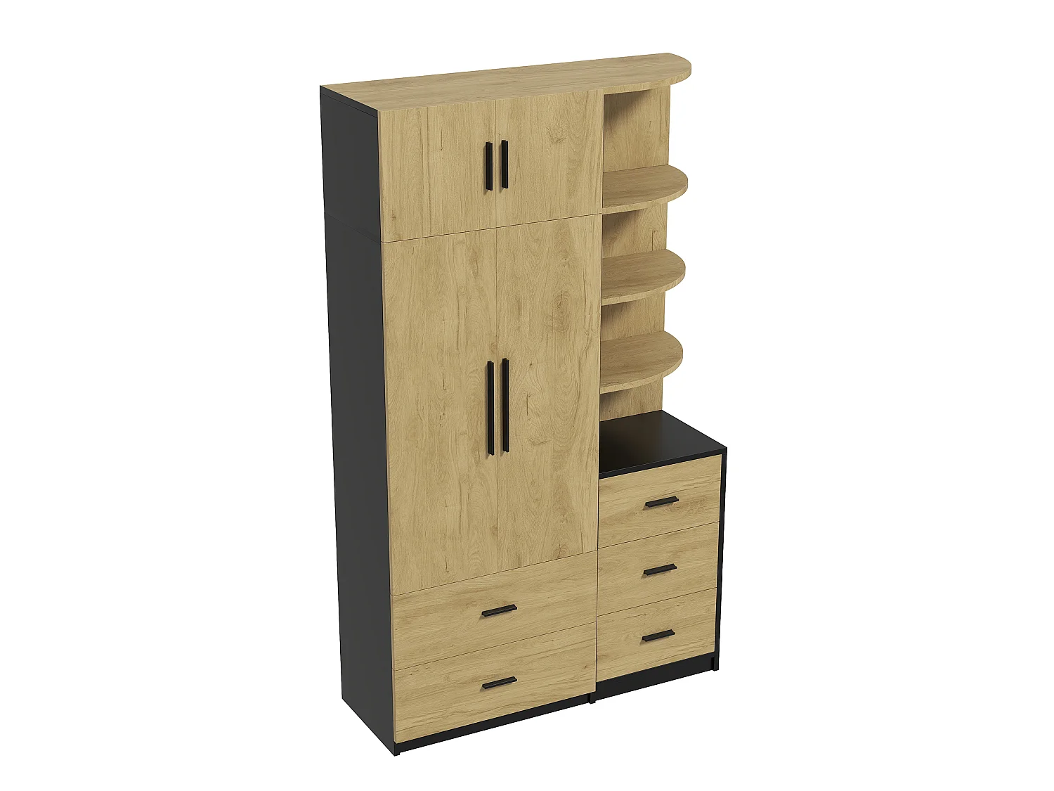 Roupeiro com espaço para pendurar roupa, 5 gavetas e 2 portas - Madeira e preto