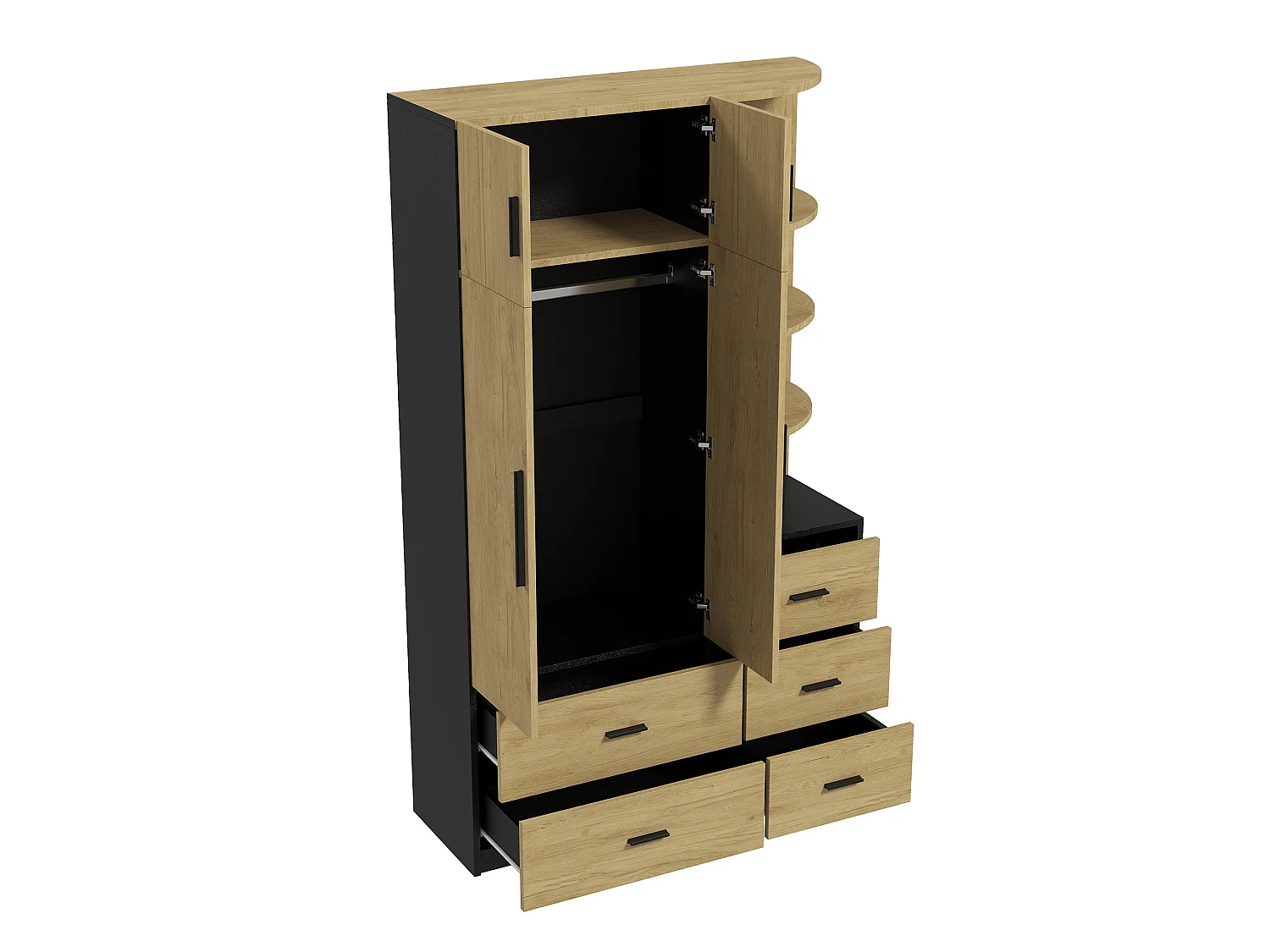 Roupeiro com espaço para pendurar roupa, 5 gavetas e 2 portas - Madeira e preto